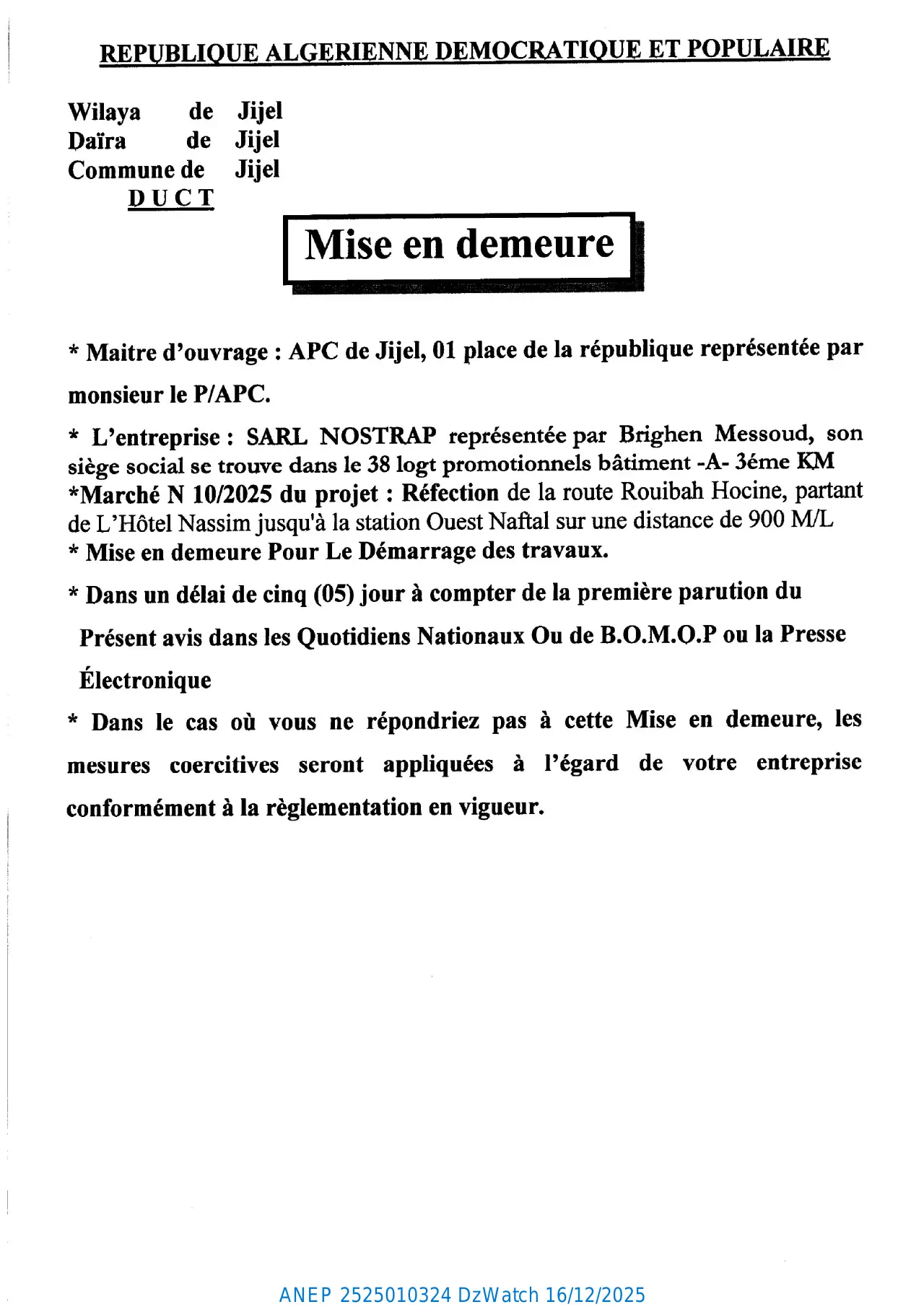 Annonce ANEP 2525010324 : MISE EN DEMEURE, COMMUNE JIJEL