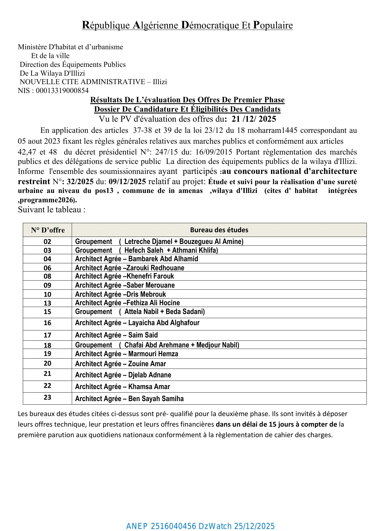 Annonce ANEP 2516040456 : Résultats De L'évaluation Des Offres De Premier Phase (Dossier De Candidature Et Éligibilités)., Direction des Équipements Publics de la Wilaya d'Illizi