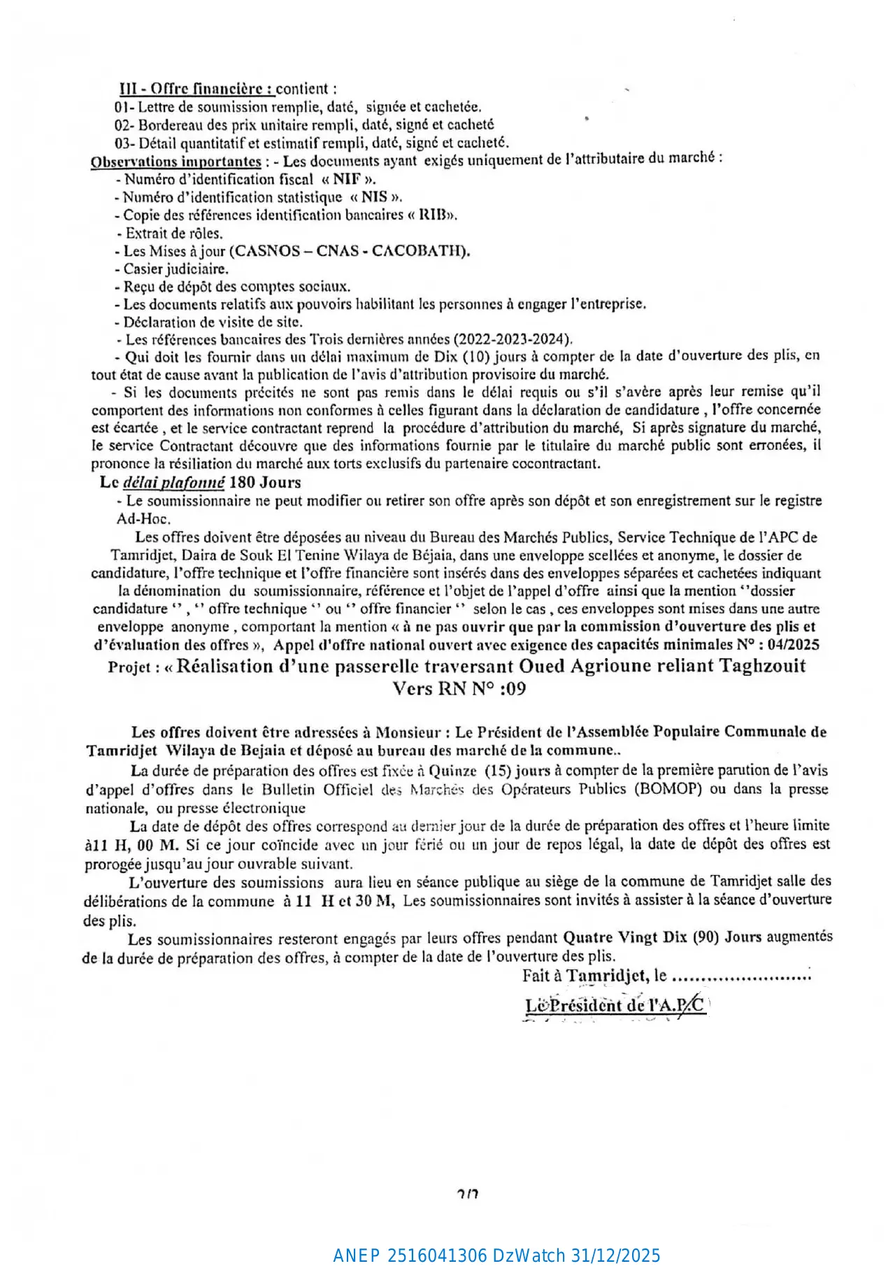Annonce ANEP 2516041306 : 2 eme Avis d'Appel d'Offres National Ouvert avec Exigence de Capacités Minimales N°: 05/2025 Après Infructuosité., Commune de Tamridjet