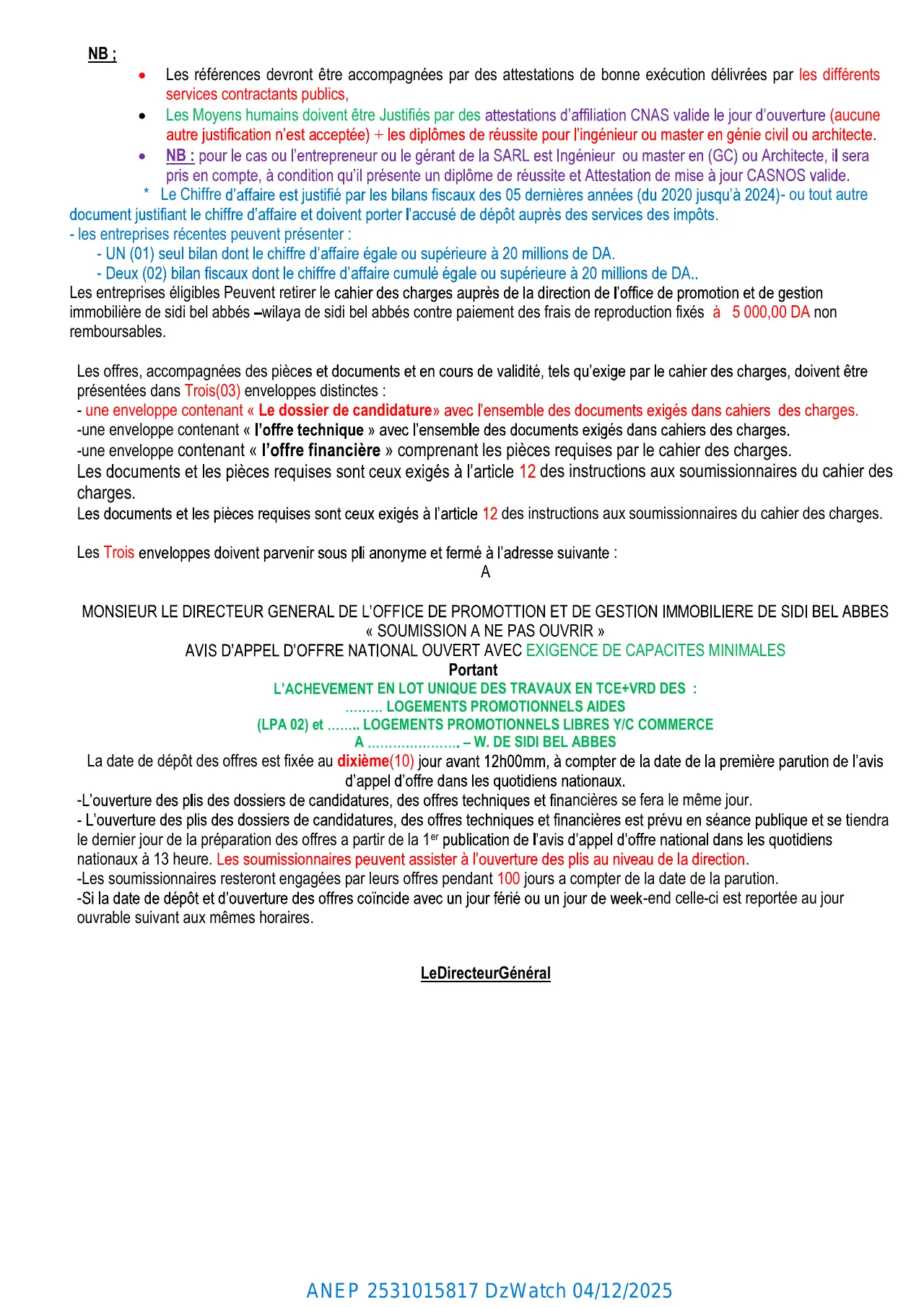 Annonce ANEP 2531015817 : AVIS D’APPEL D’OFFERS NATIONAL OUVERT AVEC EXIGENCE DE CAPACITES MINIMALS, Office de Promotion et de Gestion Immobilière de Sidi Bel Abbés