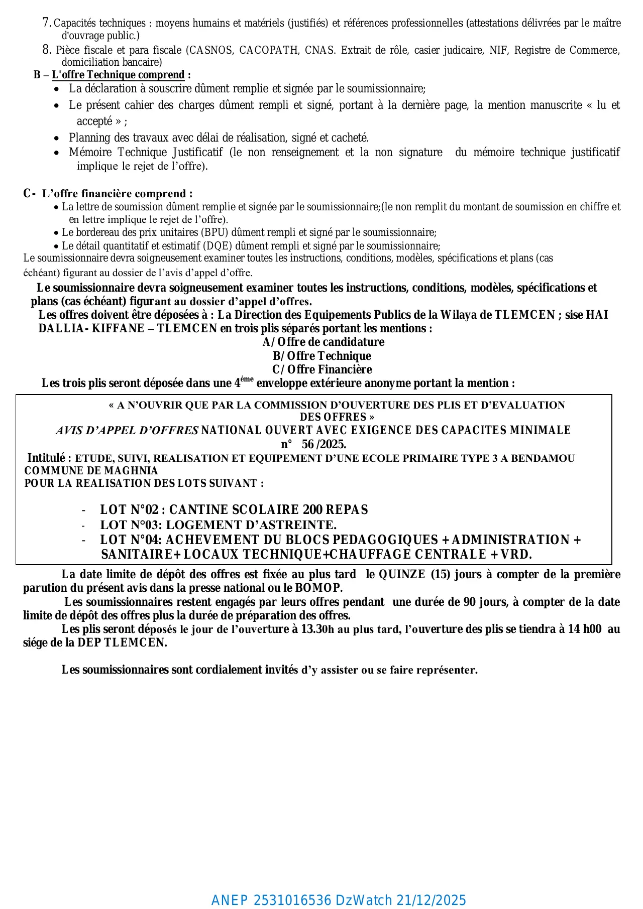Annonce ANEP 2531016536 : AVIS D'APPEL D'OFFRES NATIONAL OUVERT AVEC EXIGENCE DES CAPACITES MINIMALE n 56/2025, DIRECTION DES EQUIPEMENTS PUBLICS De la Wilaya de Tlemcen