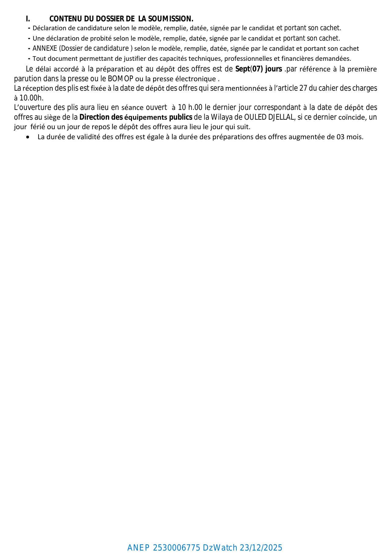 Annonce ANEP 2530006775 : CONCOURS NATIONAL D'ARCHITECTURE RESTREINT N°: 49/2025, Direction des Équipements Publics de la Wilaya de Ouled Djellal