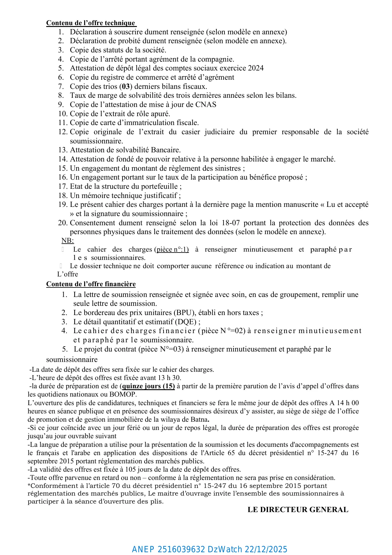 Annonce ANEP 2516039632 : AVIS D'APPEL D'OFFRES NATIONAL OUVERT AVEC EXIGENCE DE CAPACITE MINIMALES., Office de Promotion et de Gestion Immobilière (OPGI) de Batna