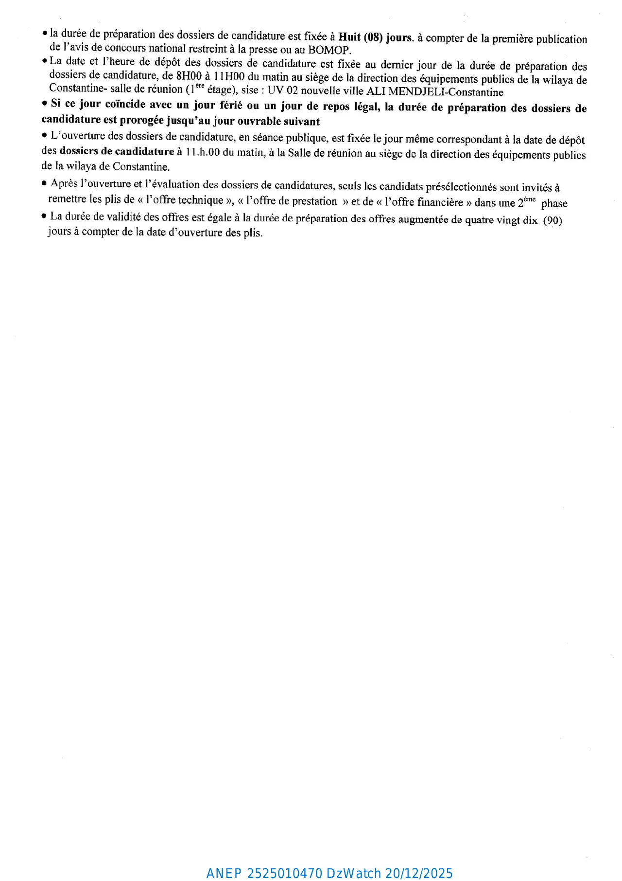 Annonce ANEP 2525010470 : AVIS D'UN CONCOURS NATIONAL RESTREINT- N° ......./DEP/2025, DIRECTION DES EQUIPEMENTS PUBLICS DE LA WILAYA DE CONSTANTINE