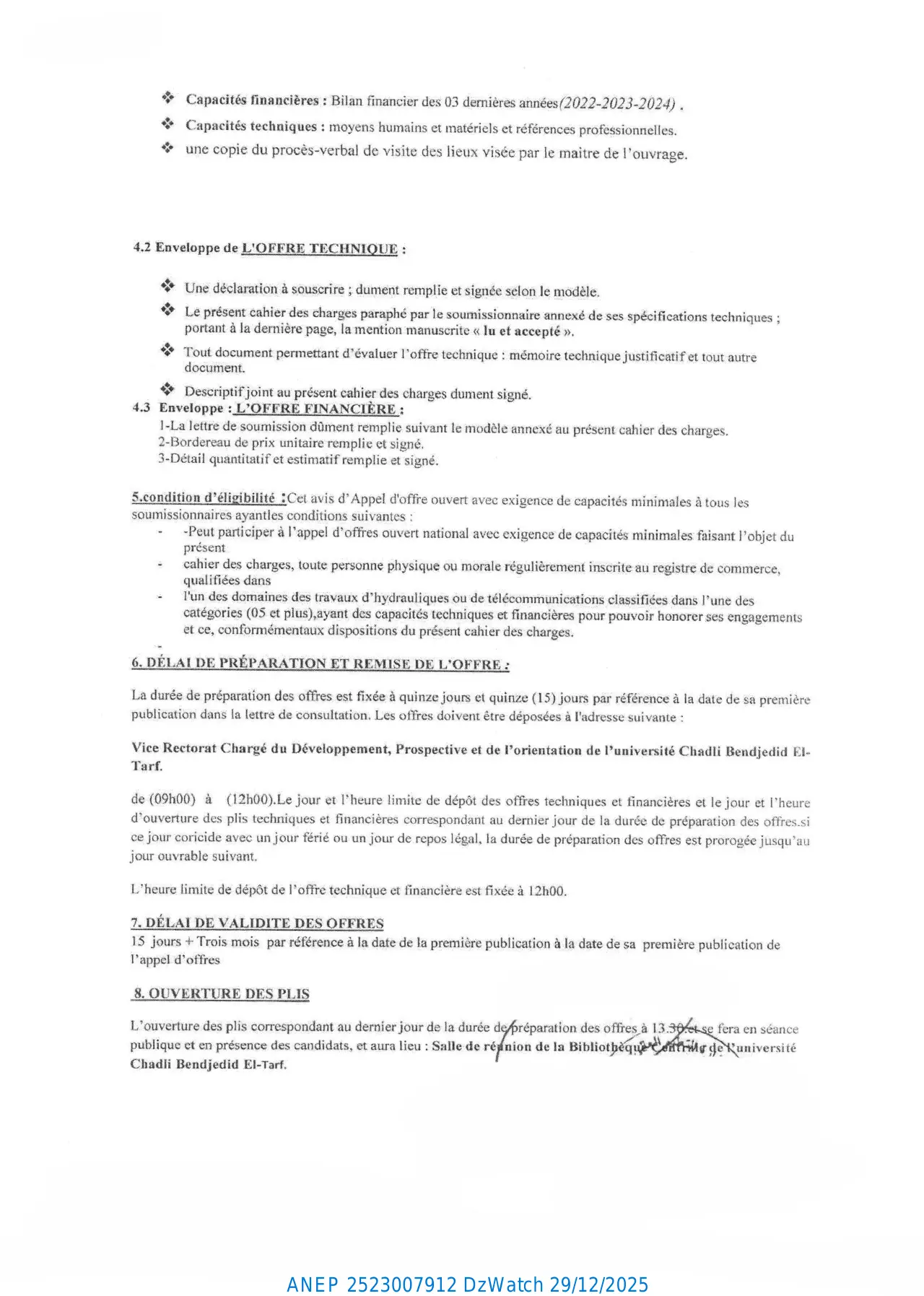Annonce ANEP 2523007912 : APPEL D'OFFRES NATIONAL OUVERT AVEC EXIGENCE DE CAPACITES MINIMALE N°: ...../VRDPO/2025, UNIVERSITÉ CHADLI BENDJEDID EL-TARF