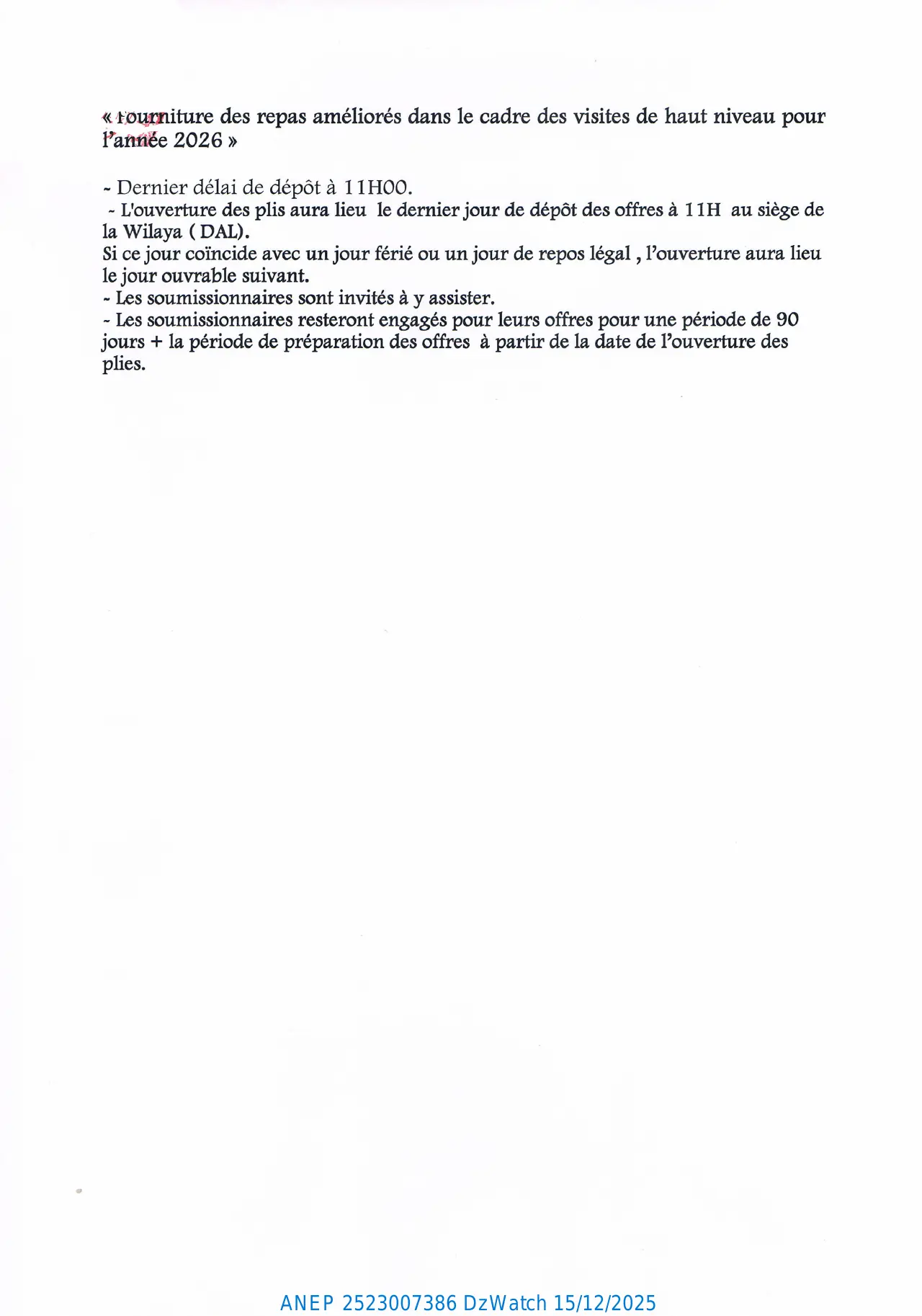 Annonce ANEP 2523007386 : AVIS D’APPEL D’OFFERS OUVERT AVEC EXIGENCE DE CAPACITES MINIMALS, WILAYA DE SOUK AHRAS