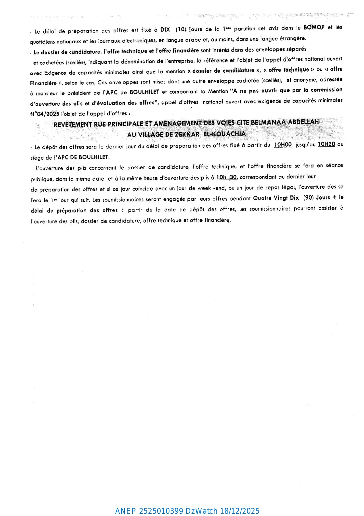 Annonce ANEP 2525010399 : AVIS D’APPEL D’OFFERS NATIONAL OUVERT AVEC EXIGENCE DE CAPACITES MINIMALS, COMMUNE BOULHILET
