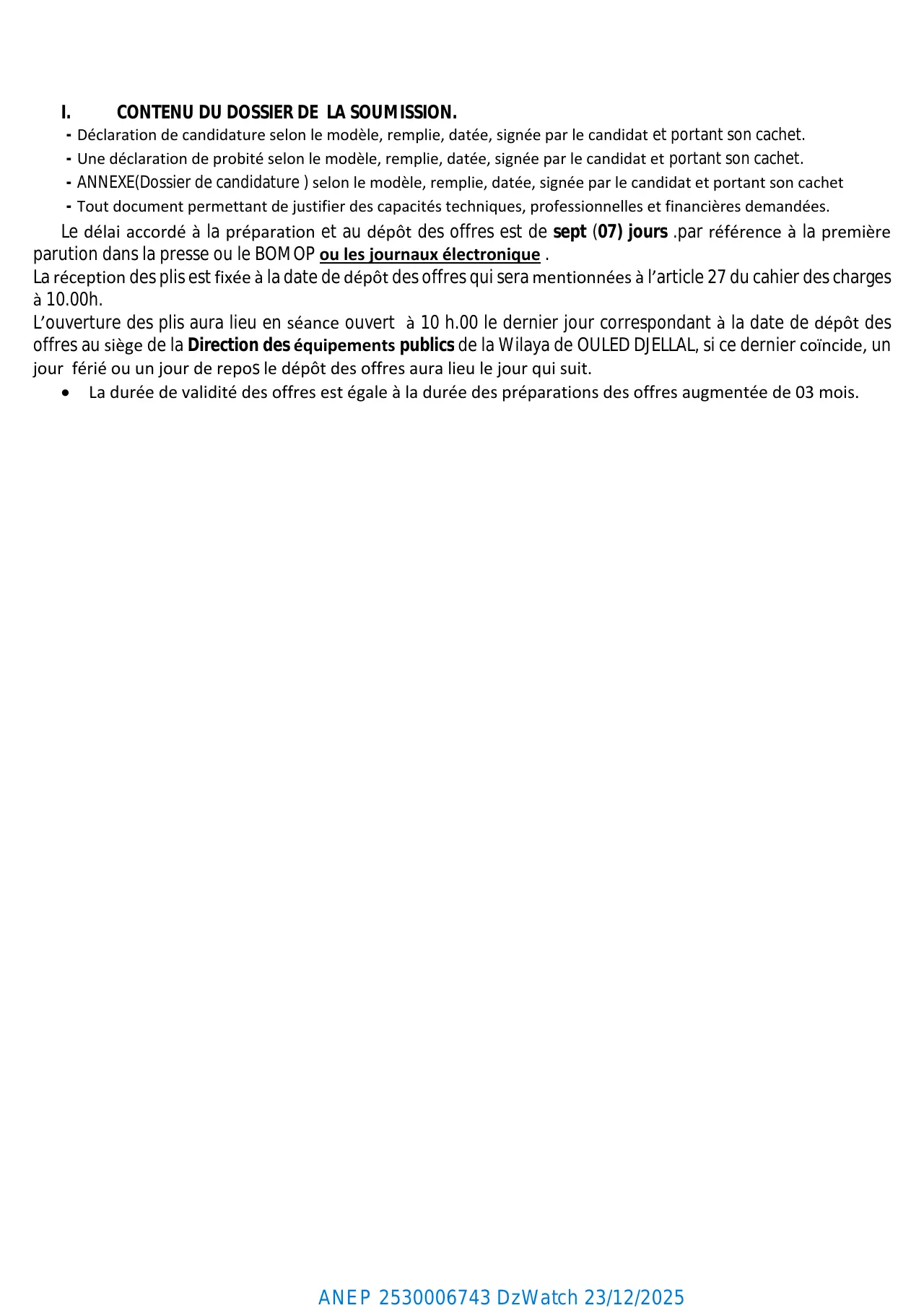 Annonce ANEP 2530006743 : CONCOURS NATIONAL D'ARCHITECTURE RESTREINT N°: 46/2025, Direction des Équipements Publics de la Wilaya de Ouled Djellal