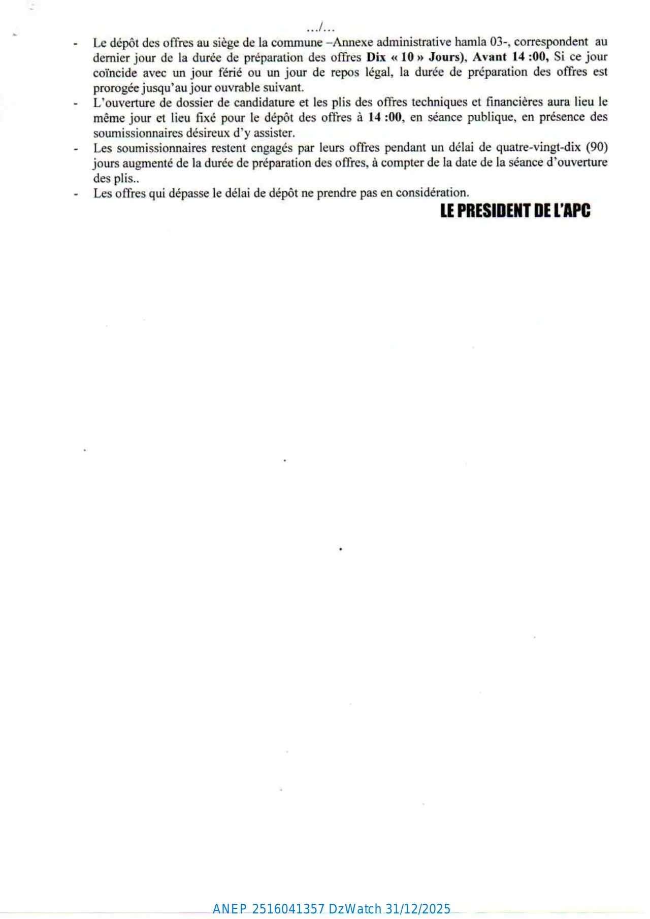 Annonce ANEP 2516041357 : AVIS D'APPEL D'OFFRE OUVERT AVEC EXIGENCE DE CAPACITES MINIMALES Nº 05/2025., COMMUNE DE/OUED CHAABA