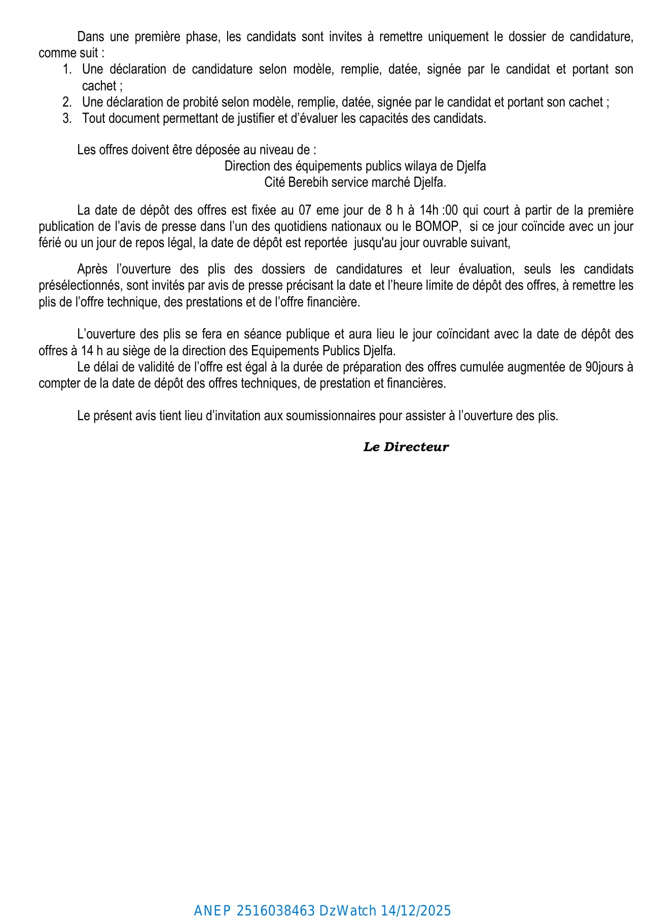 Annonce ANEP 2516038463 : AVIS DE CONCOURS NATIONAL RESTREINT D’ARCHITECTURE N ° 154/2025, DIRECTION DES EQUIPEMENTS PUBLICS DJELFA