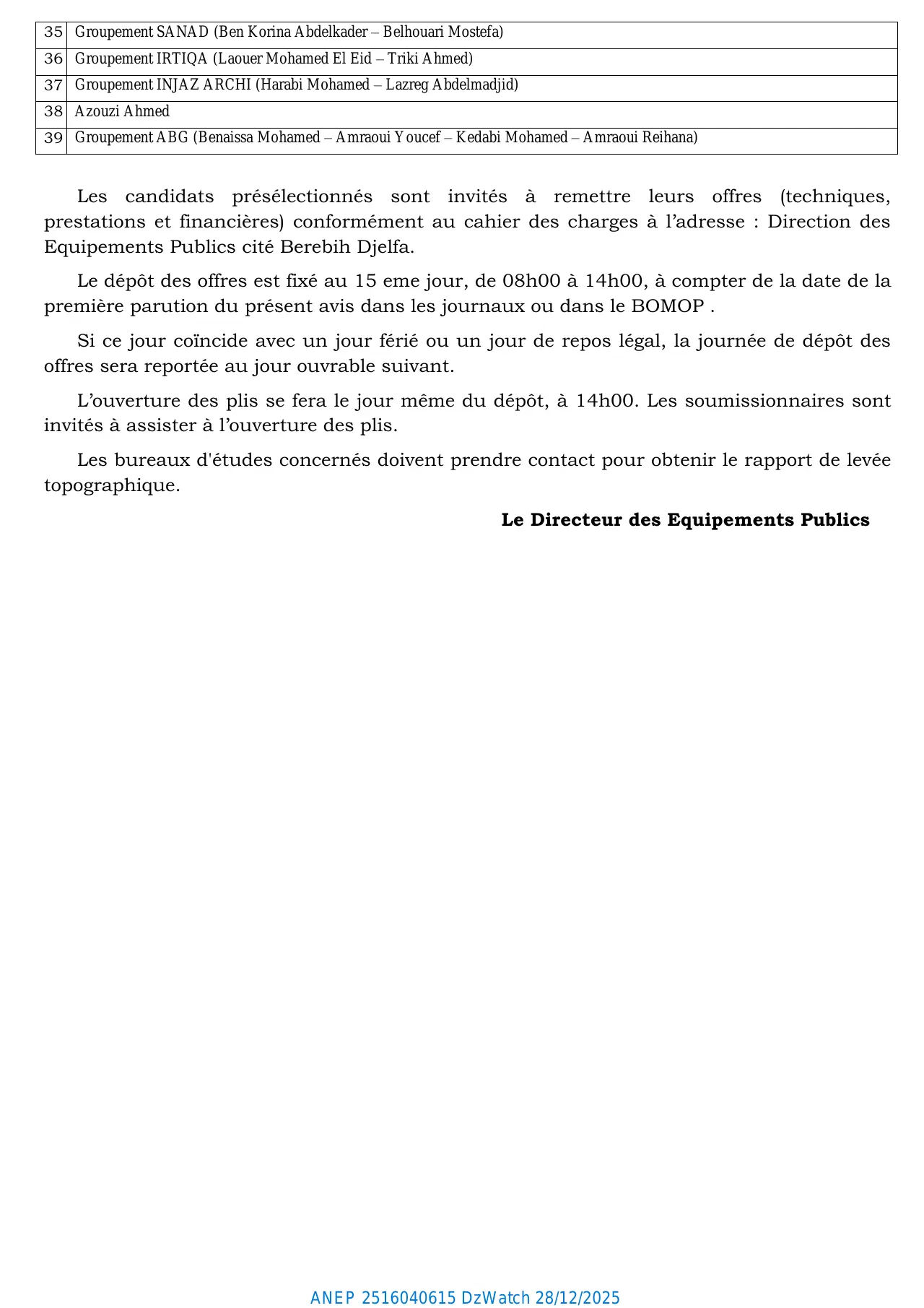 Annonce ANEP 2516040615 : AVIS DE PRESELECTION : 183/2025, Direction des Equipements Publics de la Wilaya de Djelfa