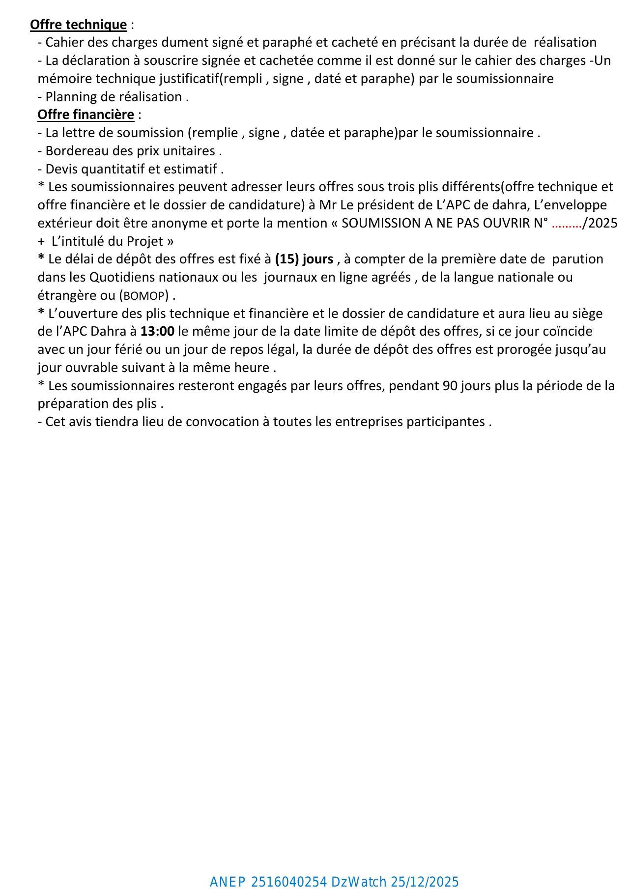 Annonce ANEP 2516040254 : Avis d'appel d'offre national ouvert avec exigence de capacités minimales, COMMUNE DE DAHRA (Wilaya de Chlef)