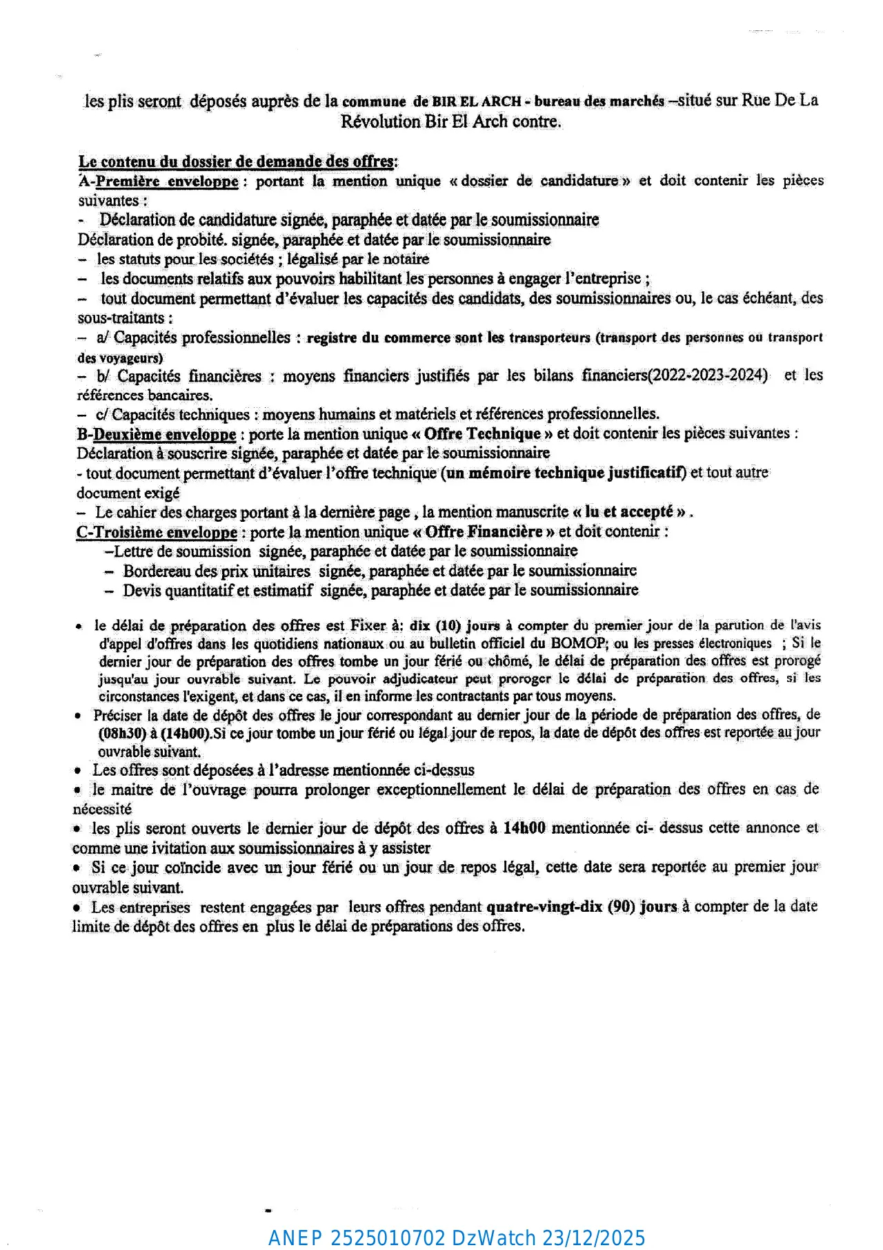 Annonce ANEP 2525010702 : AVIS D'APPEL D'OFFRES NATIONAL OUVERT AVEC EXIGENCE DE CAPACITES MINIMALES N°: 08/2025., COMMUNE DE BIR EL ARCH (Wilaya de Sétif)