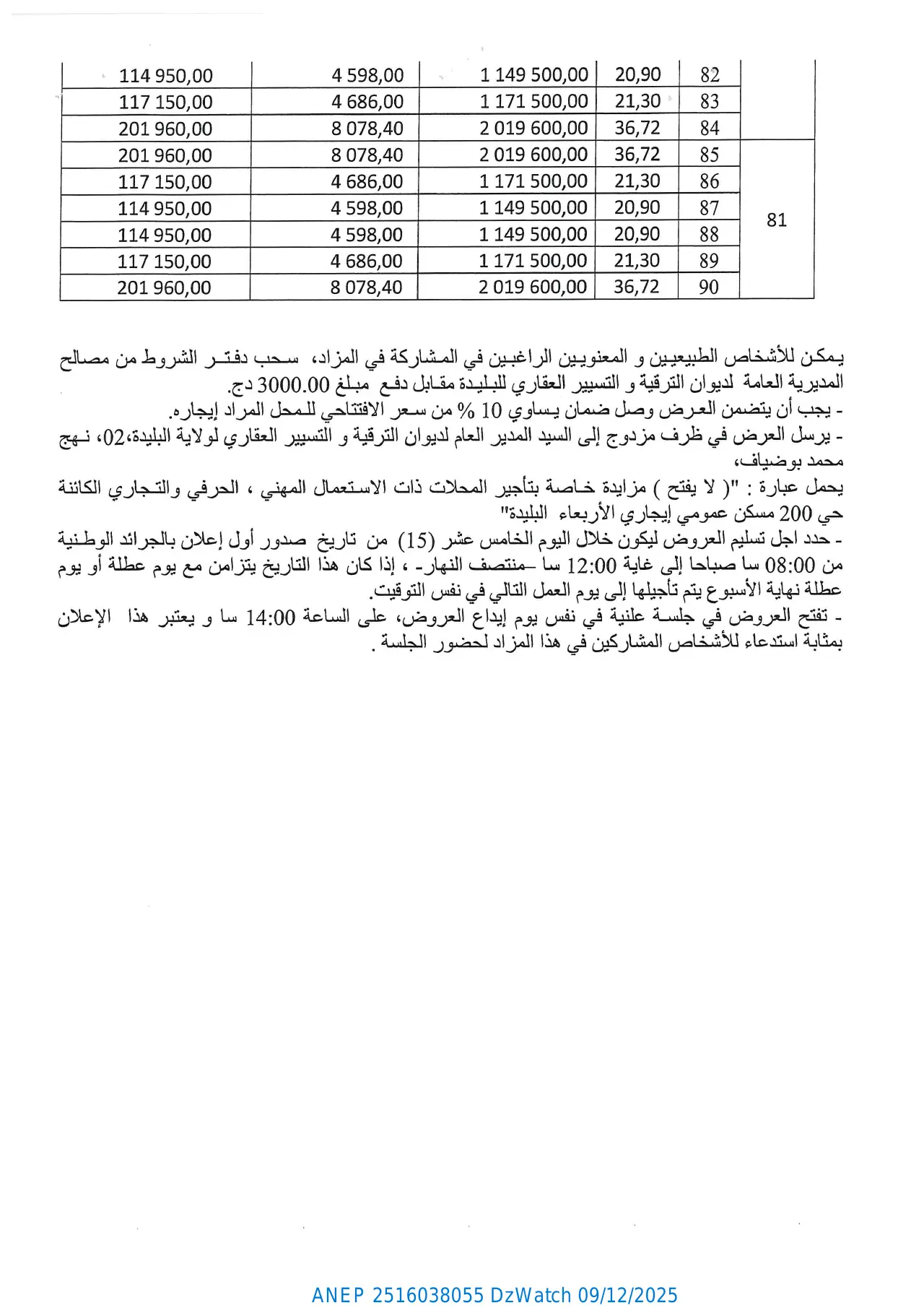 إعلان ANEP 2516038055: ⁨إعلان عن بيع حق العتبة لمحلات⁩، ⁨ديوان الترقية والتسيير العقاري لولاية البليدة⁩