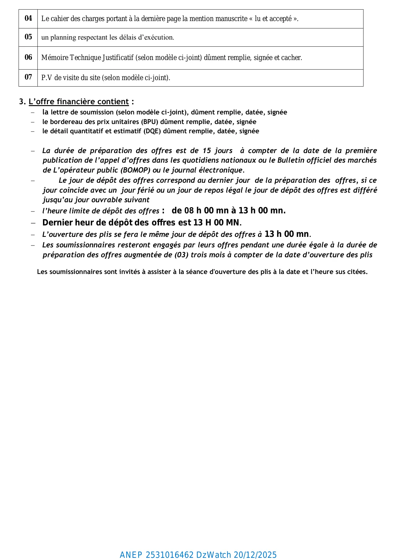 Annonce ANEP 2531016462 : Avis D'appel D'offre ouvert Avec Exigence de Capacités Minimales N°14/2025, Direction des Travaux Publics de la Wilaya de RELIZANE