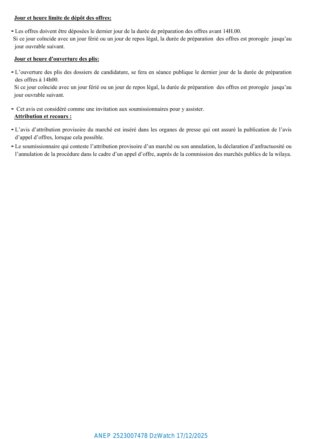 Annonce ANEP 2523007478 : AVIS D’UN CONCOURS NATIONAL RESTREINT N° .03/ D E C / ……. POUR LA 2eme FOIS, DIRECTION DE L'EDUCATION TEBESSA