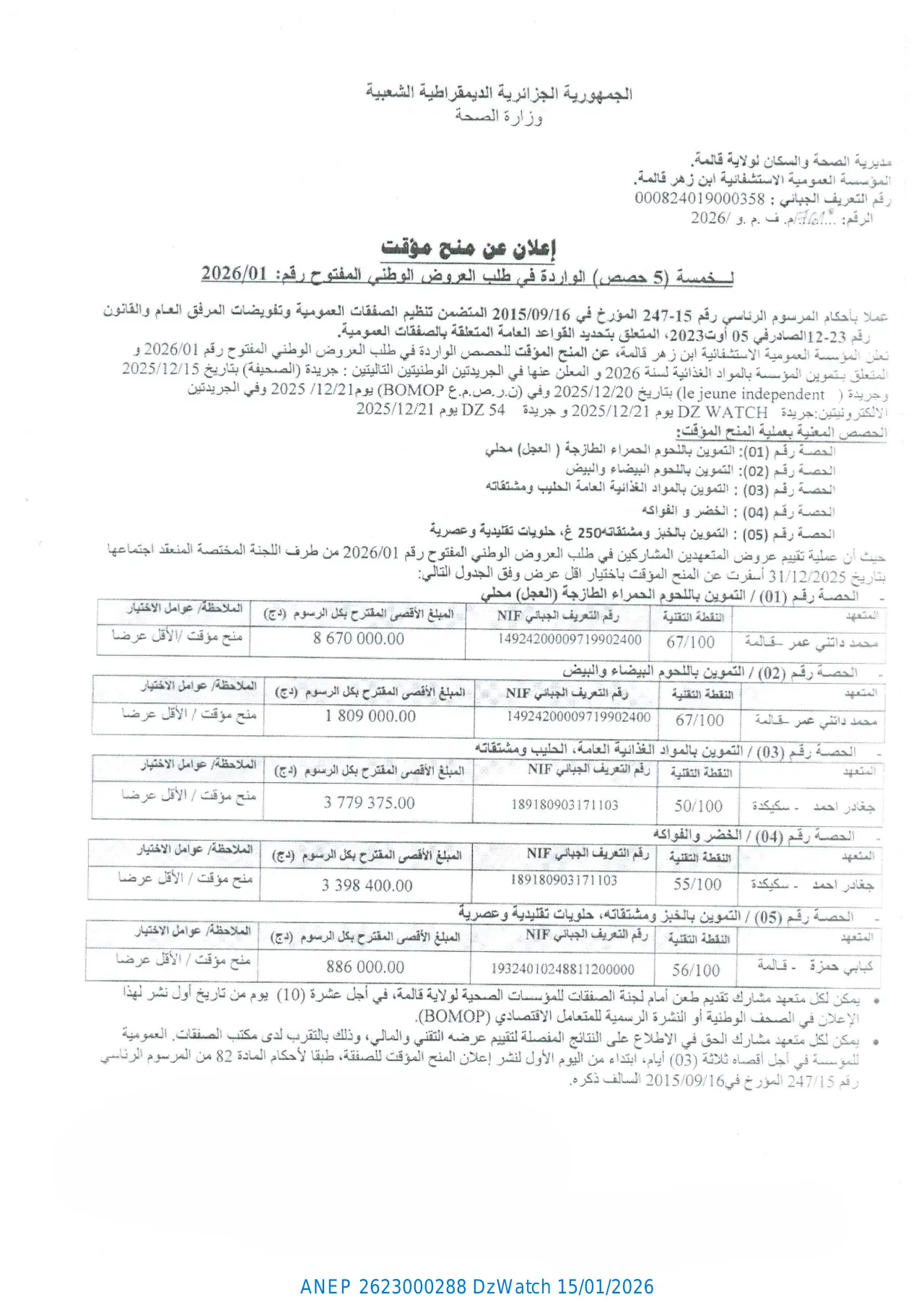 إعلان ANEP 2623000288: إعلان عن منح مؤقت لخمسة (5) حصص واردة في طلب العروض الوطني المفتوح رقم: 2026 / 01، المؤسسة العمومية الاستشفائية ابن زهر قالمة.
