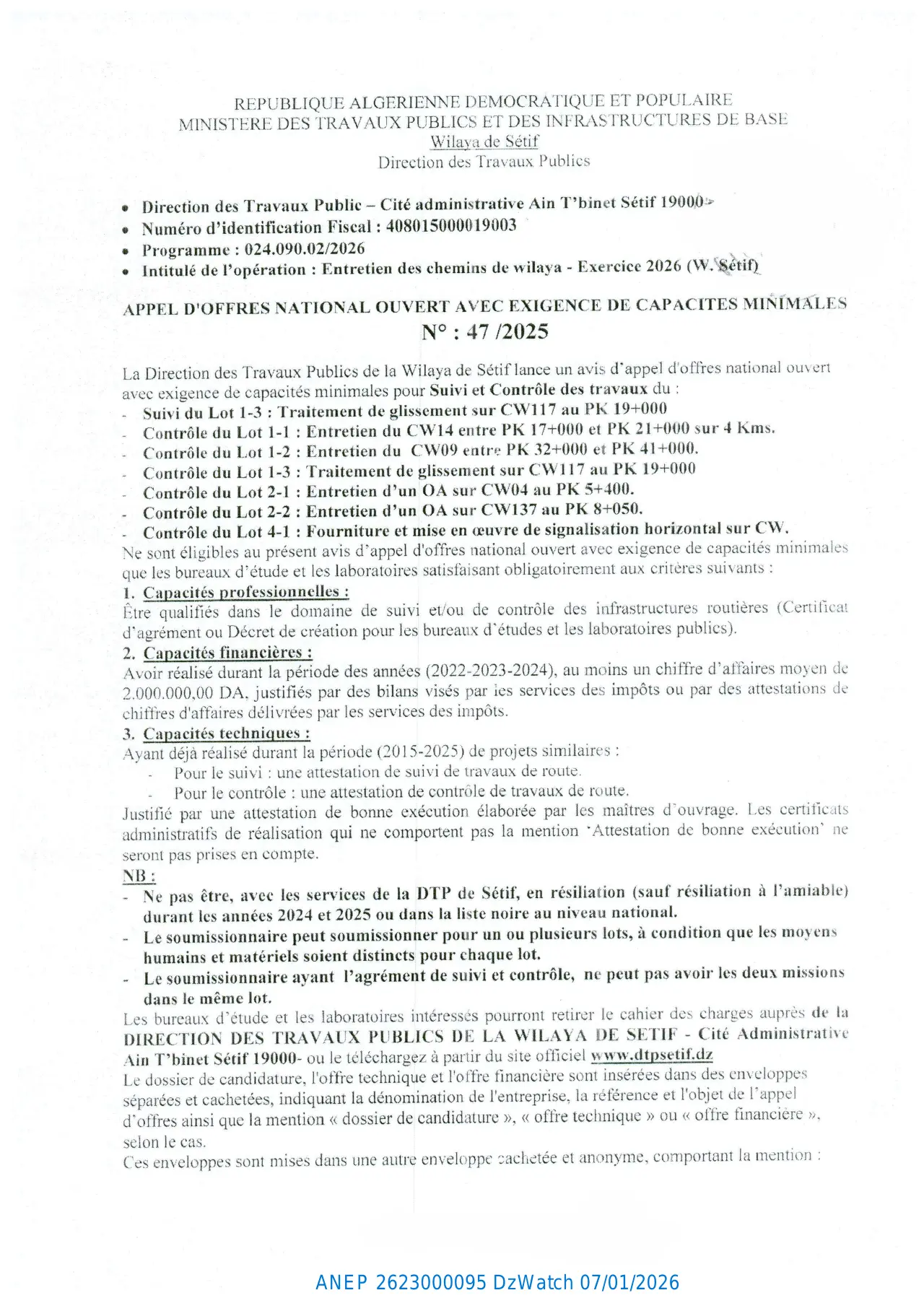 Annonce ANEP 2623000095 : APPEL D'OFFRES NATIONAL OUVERT AVEC EXIGENCE DE CAPACITES MINIMALES, Direction des Travaux Publics de la Wilaya de Sétif