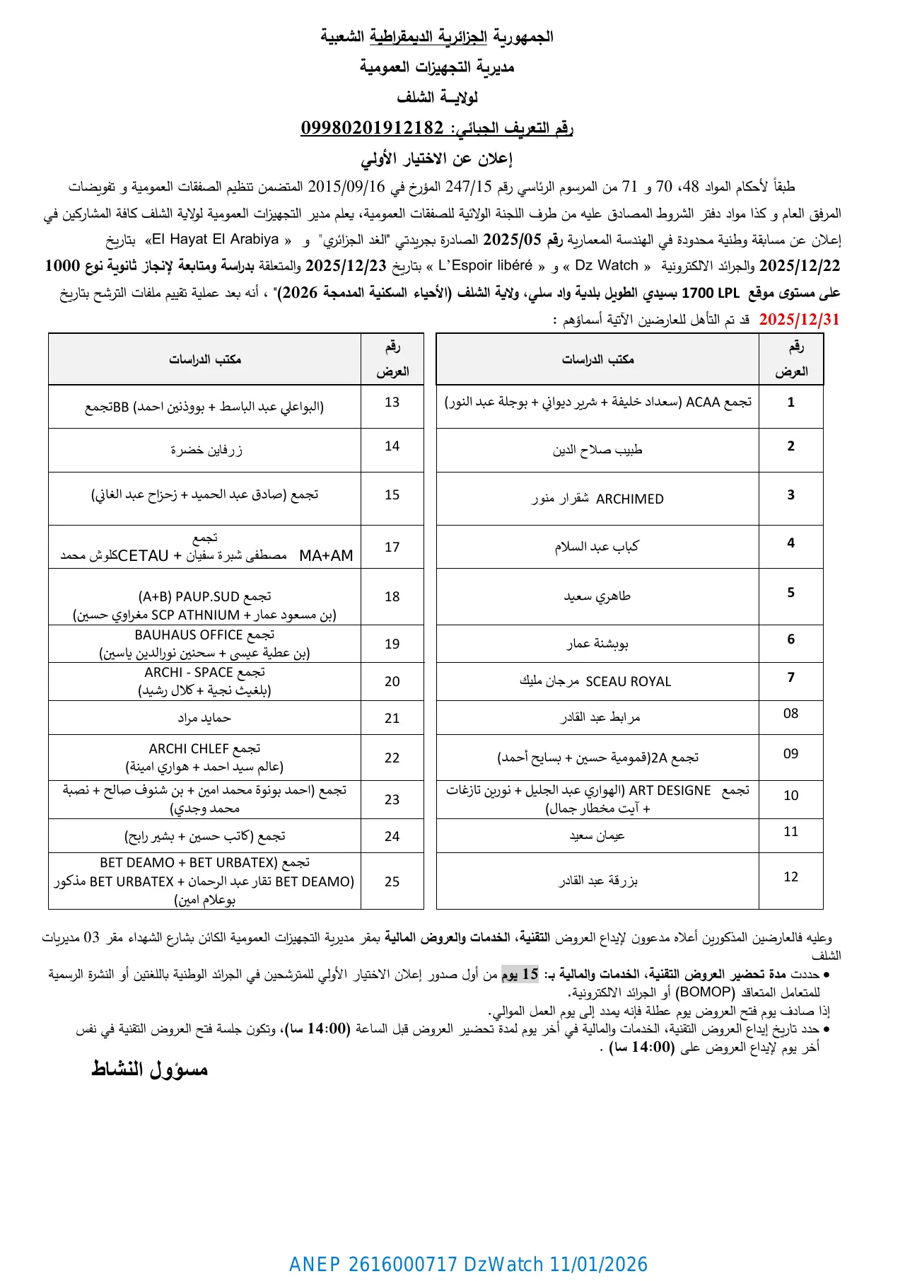 إعلان ANEP 2616000717: ⁨إعلان عن الاختيار الأولي لمسابقة وطنية محدودة في الهندسة المعمارية رقم 2025/05⁩، ⁨مديرية التجهيزات العمومية لولاية الشلف⁩