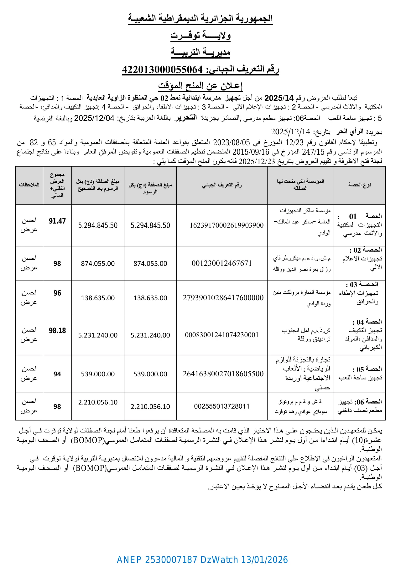 إعلان ANEP 2530007187: ⁨إعلان عن المنح المؤقت تبعا لطلب العروض رقم 2025/14⁩، ⁨مديرية التربية لولاية توقرت⁩