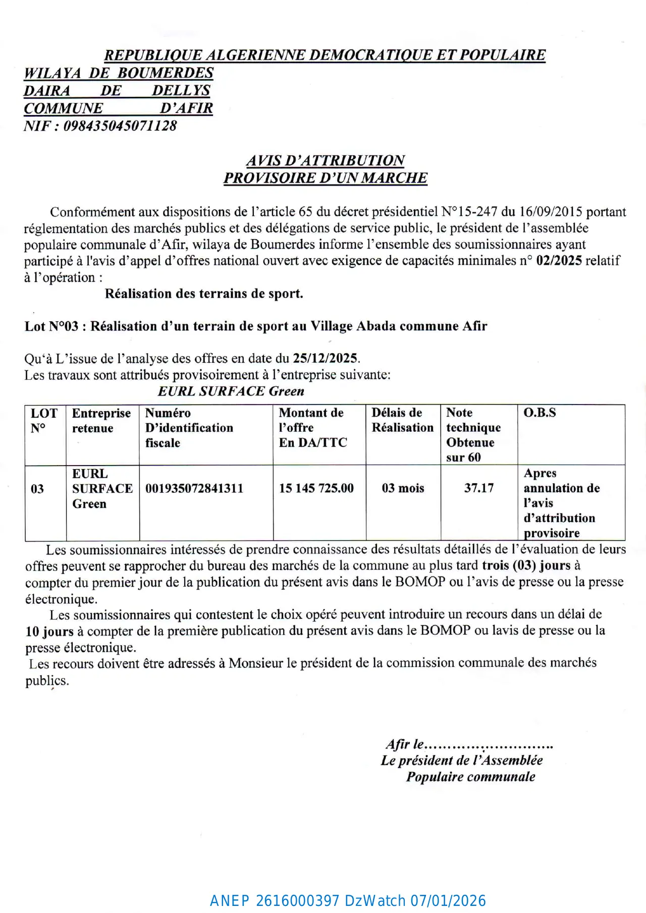 Annonce ANEP 2616000397 : AVIS D'ATTRIBUTION PROVISOIRE D'UN MARCHE, Commune d'Afir