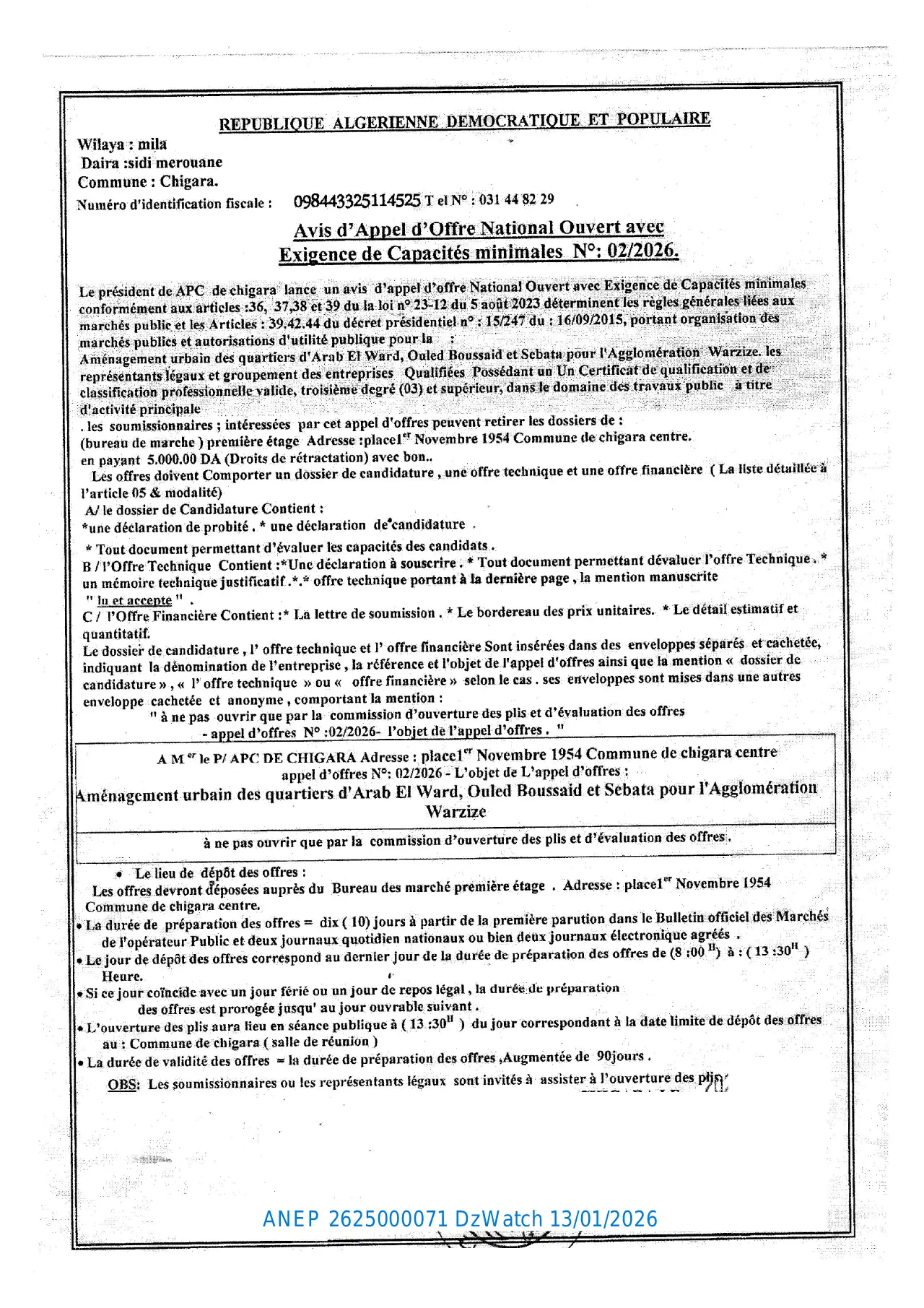 Annonce ANEP 2625000071 : Avis d'Appel d'Offre National Ouvert avec Exigence de Capacités minimales N°: 02/2026., Commune de Chigara - Wilaya de Mila