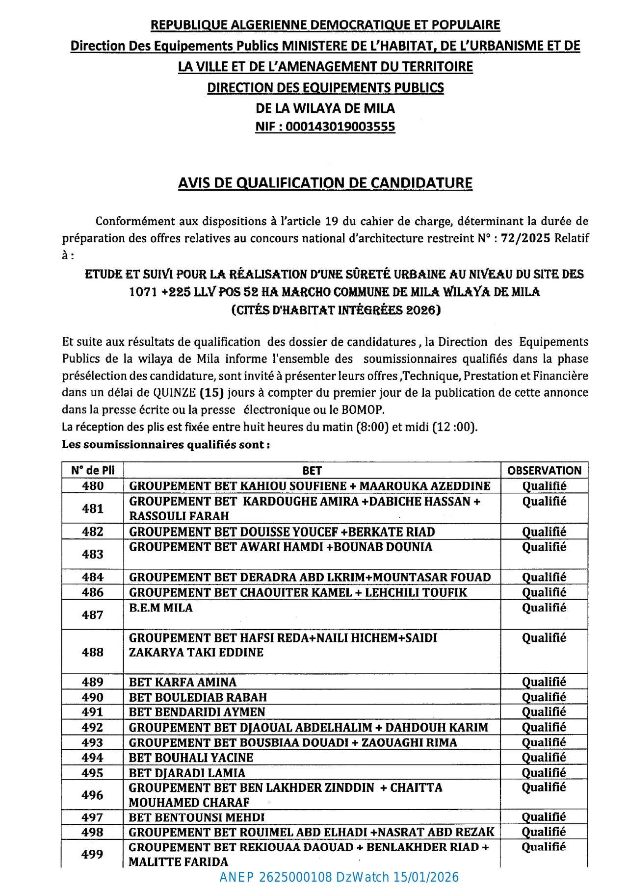 Annonce ANEP 2625000108 : AVIS DE QUALIFICATION DE CANDIDATURE Concours national d'architecture restreint : 72/2025, DIRECTION DES EQUIPEMENTS PUBLICS DE LA WILAYA DE MILA