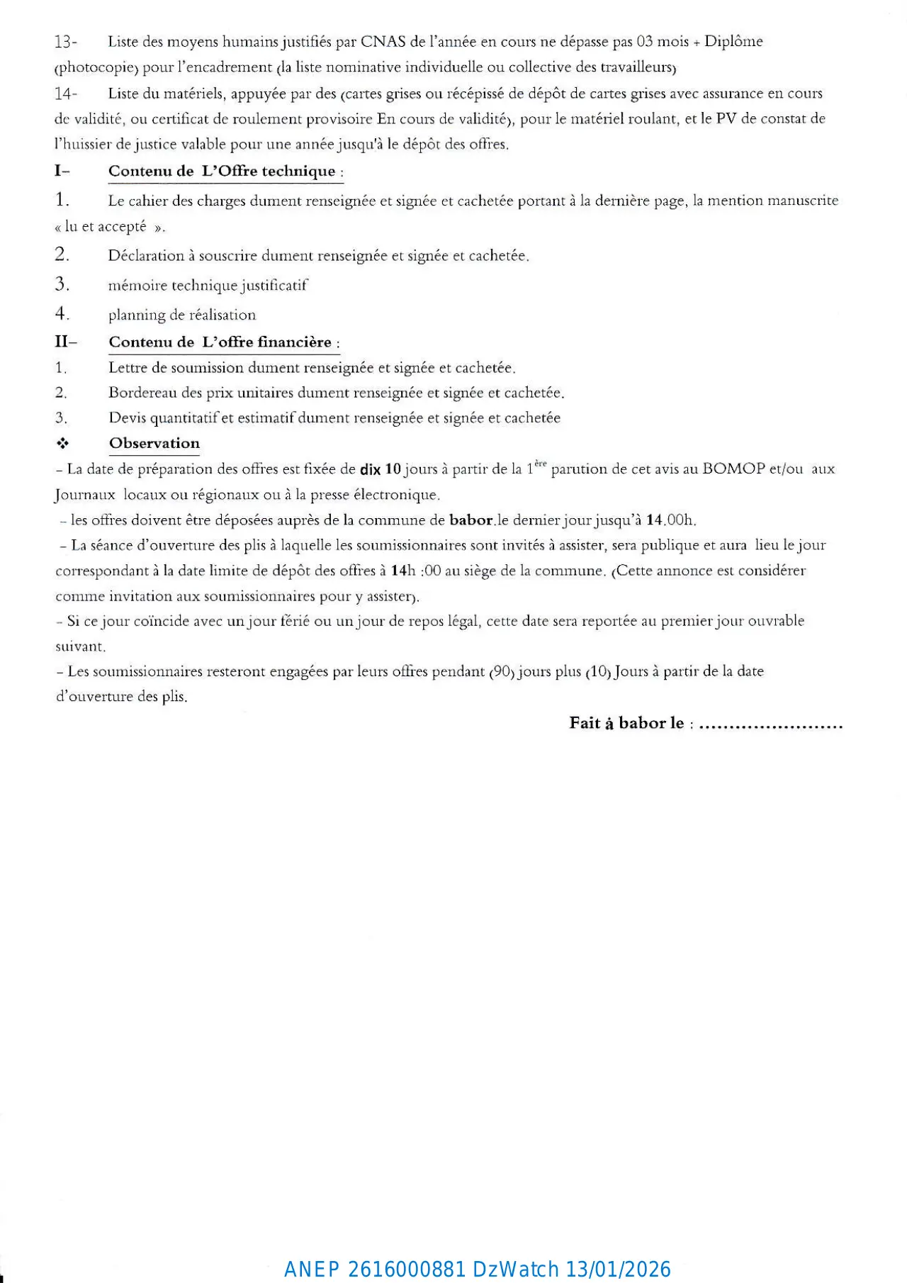 Annonce ANEP 2616000881 : AVIS D'APPEL D'OFFRE OUVERT AVEC EXIGENCE DE CAPACITES MINIMALES N° : 05/2025, COMMUNE DE BABOR - WILAYA DE SETIF