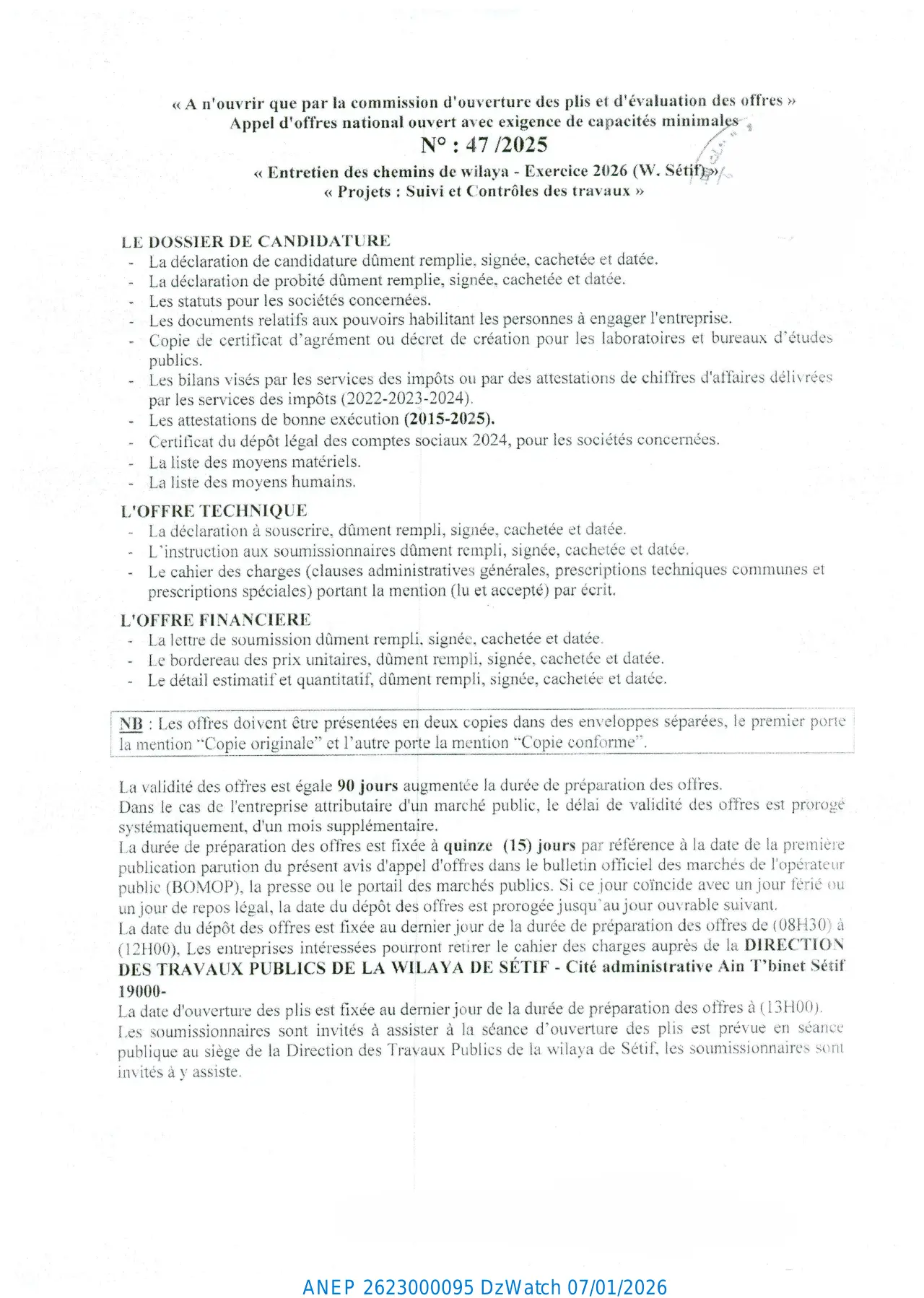 Annonce ANEP 2623000095 : APPEL D'OFFRES NATIONAL OUVERT AVEC EXIGENCE DE CAPACITES MINIMALES, Direction des Travaux Publics de la Wilaya de Sétif