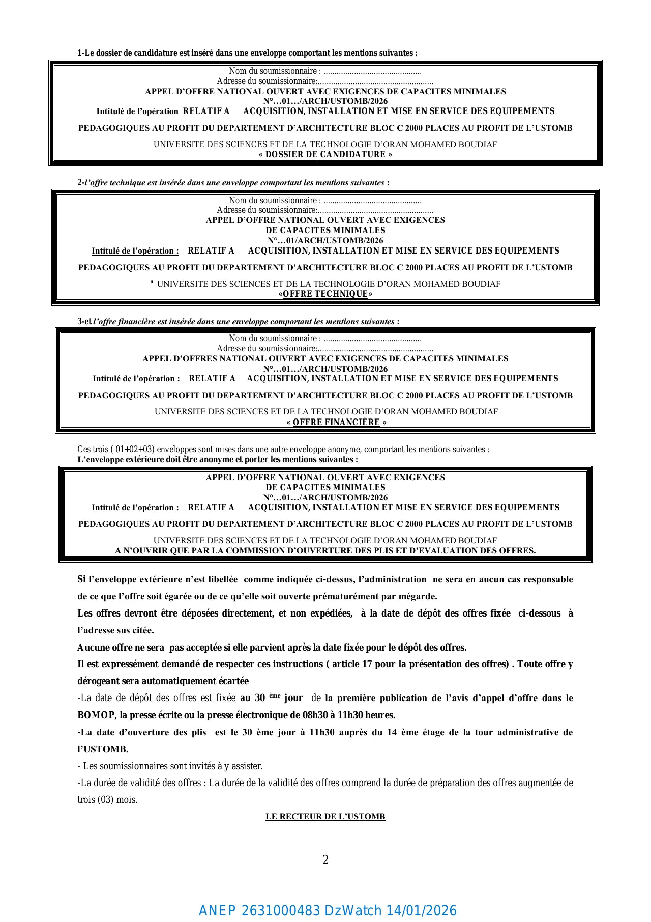 Annonce ANEP 2631000483 : AVIS D'APPEL D'OFFRES NATIONAL OUVERT AVEC EXIGENCES DE CAPACITES MINIMALES N°01/ARCH/USTOMB/2026., UNIVERSITE DES SCIENCES ET DE LA TECHNOLOGIE D'ORAN MOHAMED BOUDIAF (USTOMB).