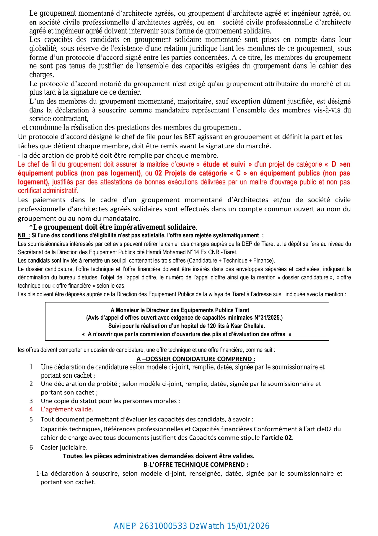 Annonce ANEP 2631000533 : AVIS D'APPEL D'OFFRES NATIONAL OUVERT AVEC EXIGENCE DE CAPACITES MINIMALES N°: 31/2025, DIRECTION DES EQUIPEMENTS PUBLICS TIARET