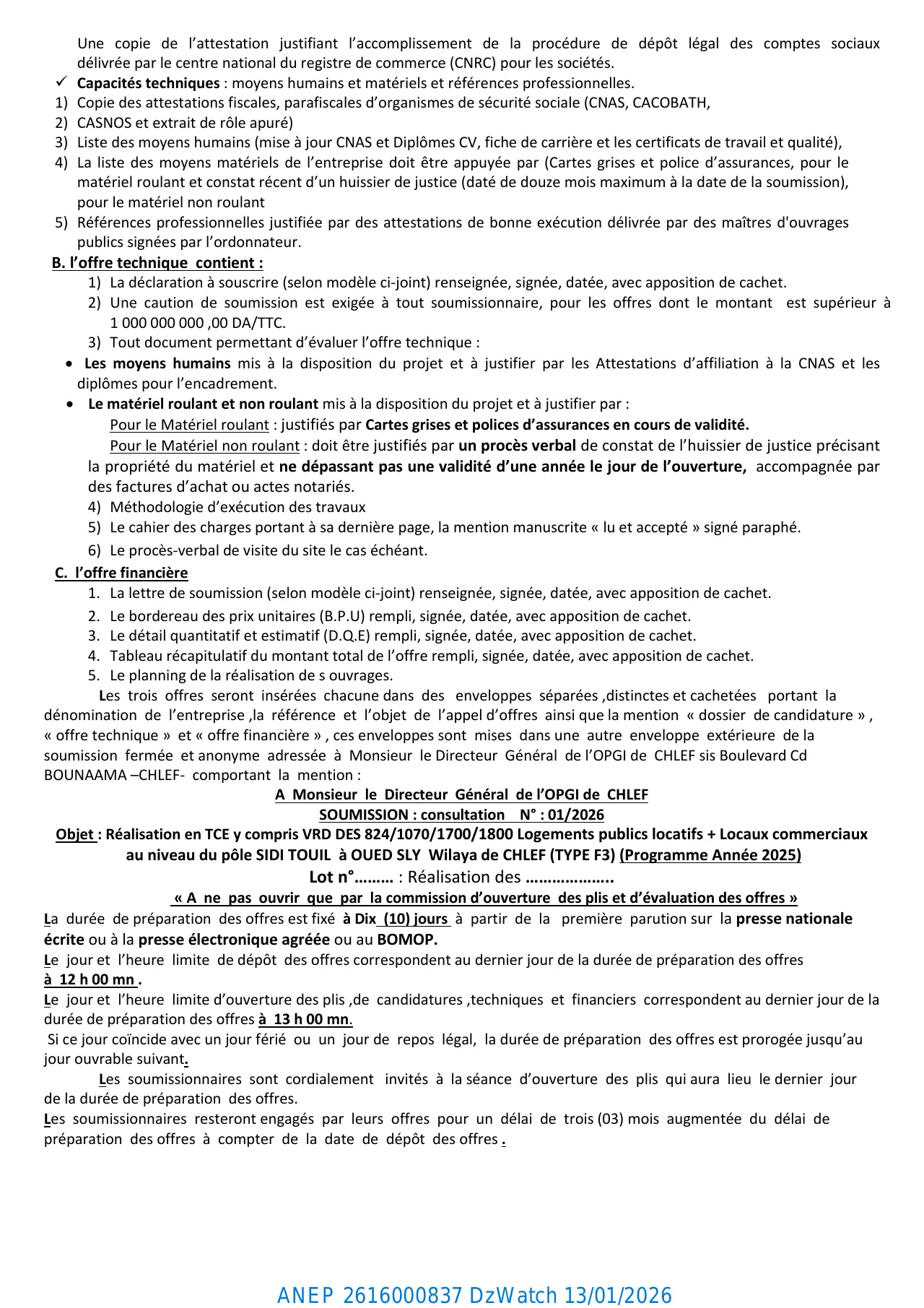 Annonce ANEP 2616000837 : AVIS DE CONSULTATON N°: 01/2026, OFFICE DE PROMOTION ET DE GESTION IMMOBILIÈRE DE CHLEF