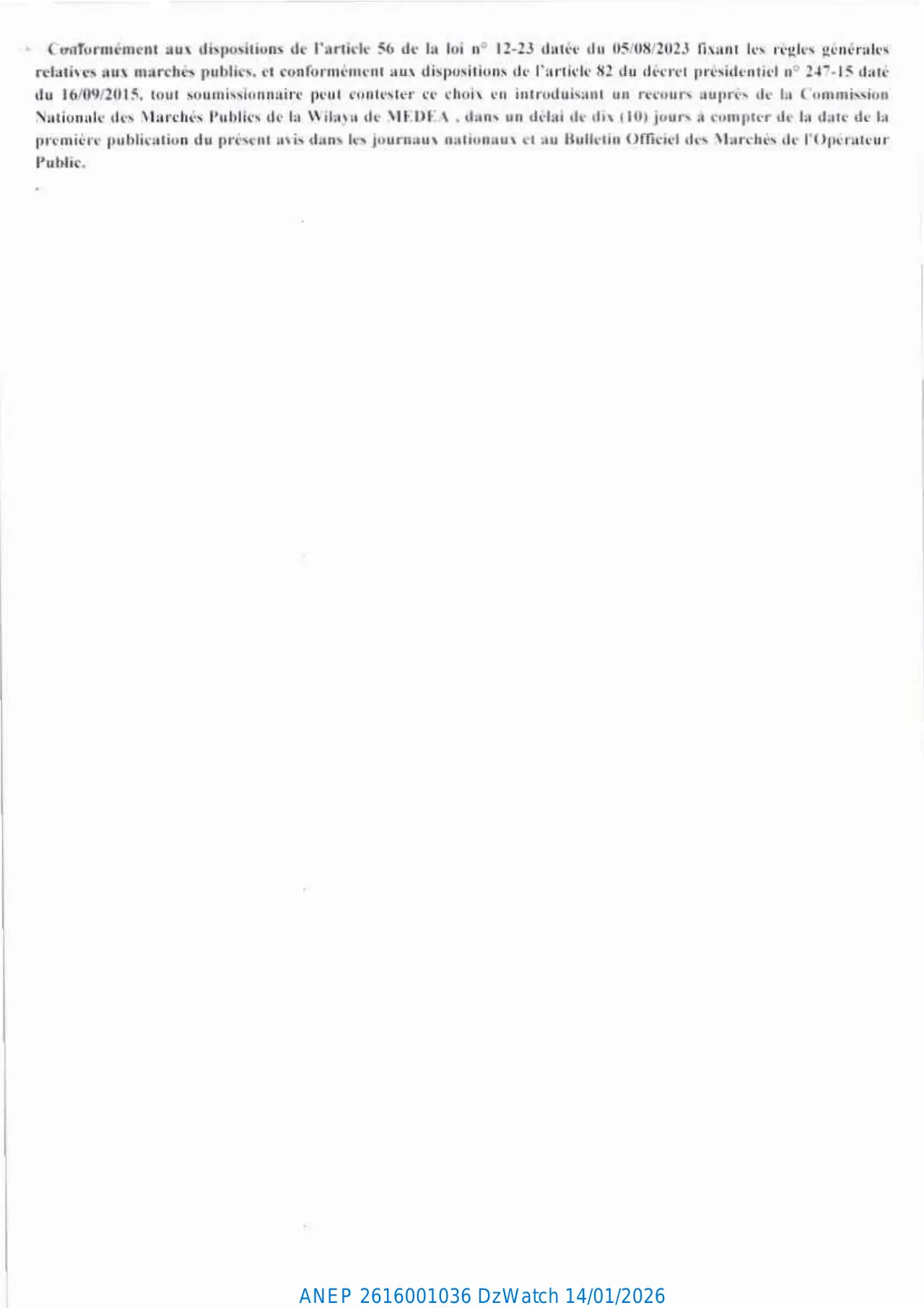 Annonce ANEP 2616001036 : AVIS D'ATTRIBUTION PROVISOIRE DE MARCHE (Appel d'offres international ouvert n° 2025/01)., ETABLISSEMENT DE REEDUCATION DE BOUGHAZOUL