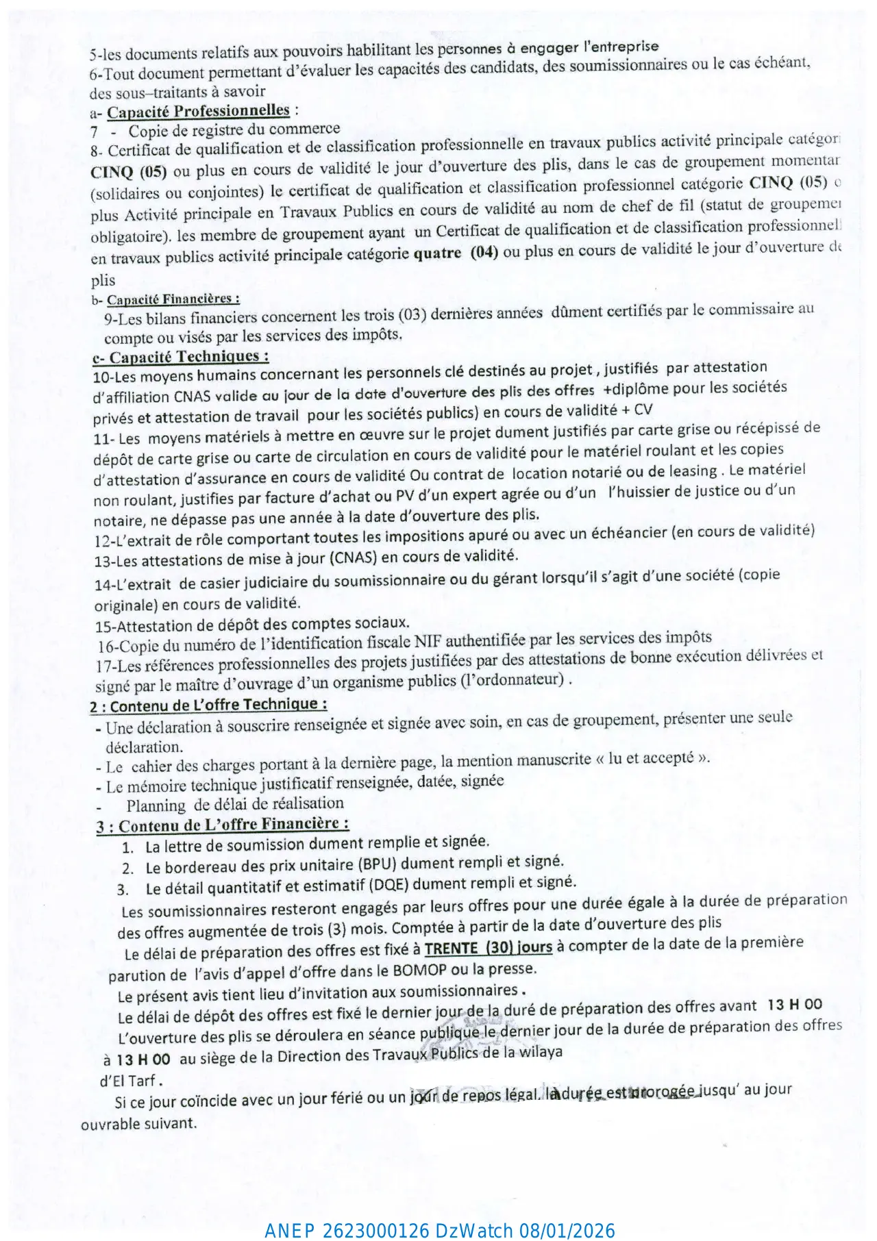 Annonce ANEP 2623000126 : AVIS D'APPEL D'OFFRES NATIONAL OUVERT AVEC EXIGENCE DE CAPACITE MINIMALE, DIRECTION DES TRAVAUX PUBLICS DE LA WILAYA D'EL TARF