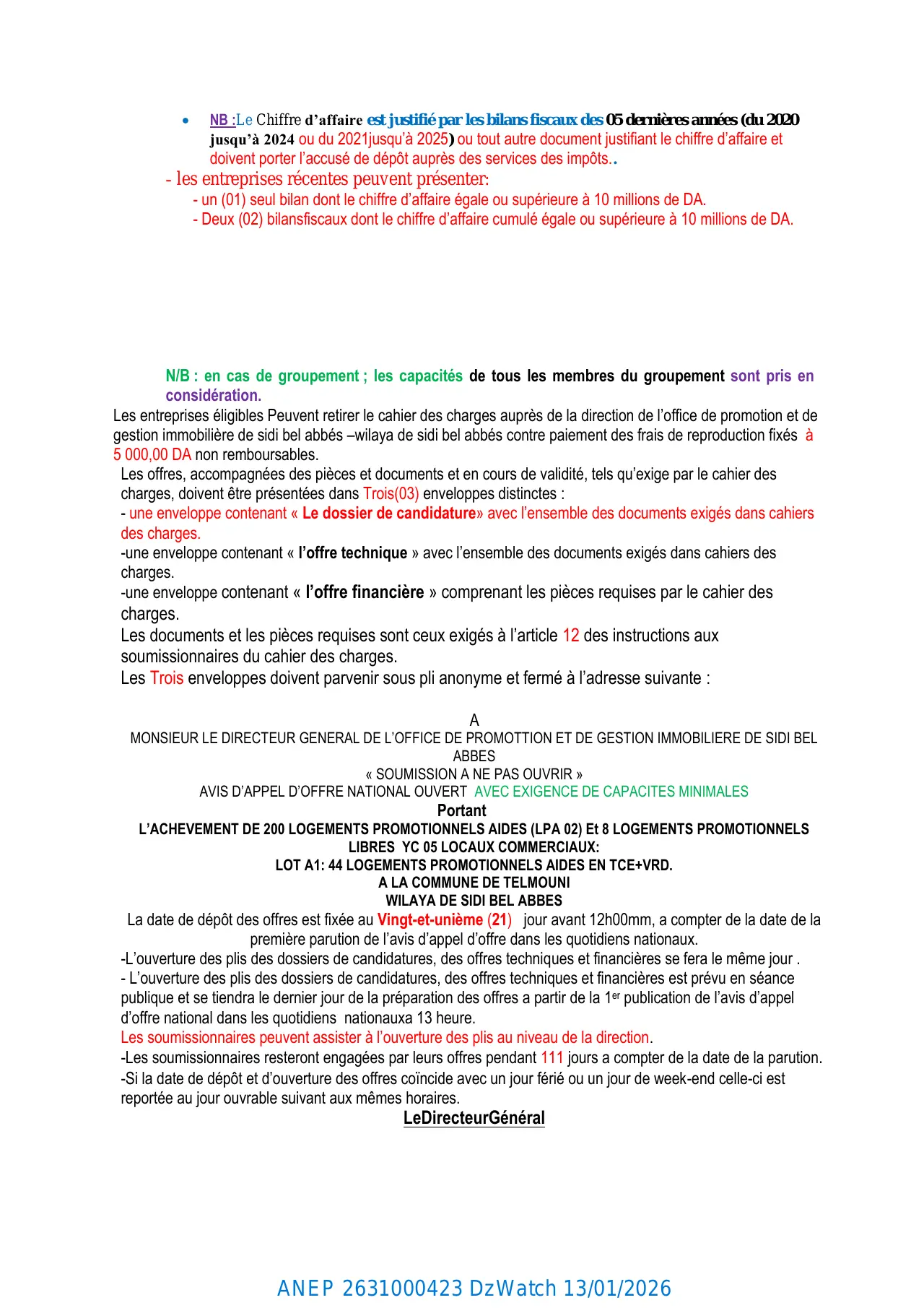Annonce ANEP 2631000423 : AVIS D'APPEL D'OFFRE NATIONAL OUVERT AVEC EXIGENCE DES CAPACITES MINIMALES N° 82/OPGI/DG/2025, Office de Promotion et de Gestion Immobilière de Sidi Bel Abbés