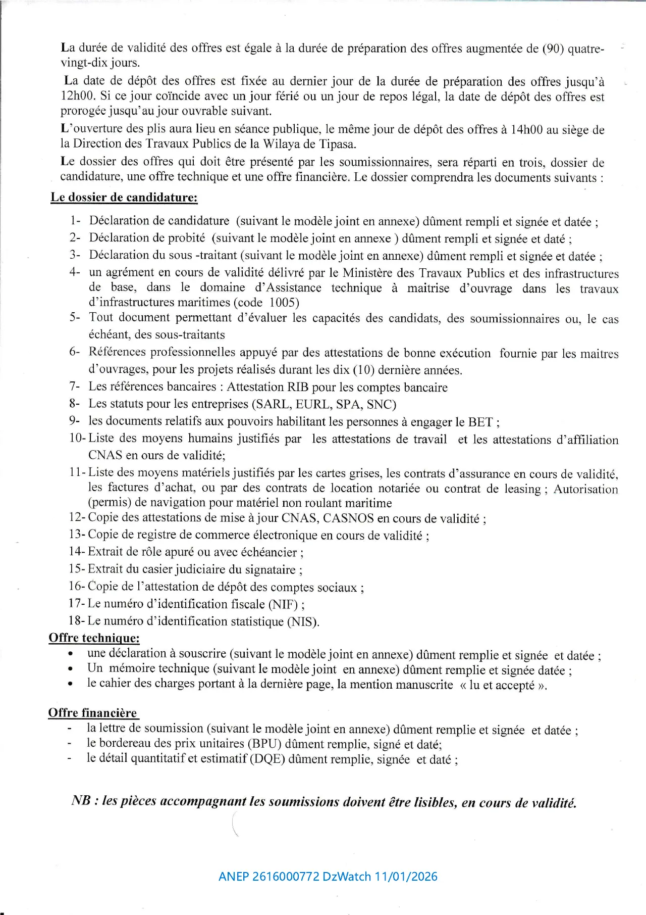 Annonce ANEP 2616000772 : AVIS D'APPEL D'OFFRES NATIONAL OUVERT AVEC EXIGENCE DE CAPACITES MINIMALES, DIRECTION DES TRAVAUX PUBLICS DE LA WILAYA DE TIPAZA