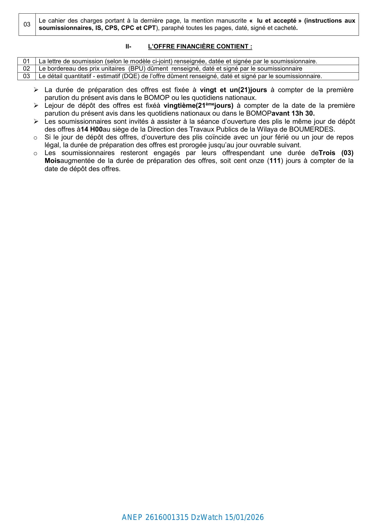 Annonce ANEP 2616001315 : AVIS D'APPEL D'OFFRES NATIONAL OUVERT AVEC EXIGENCE DE CAPACITES MINIMALES, Direction Des Travaux Publics de la Wilaya de Boumerdes