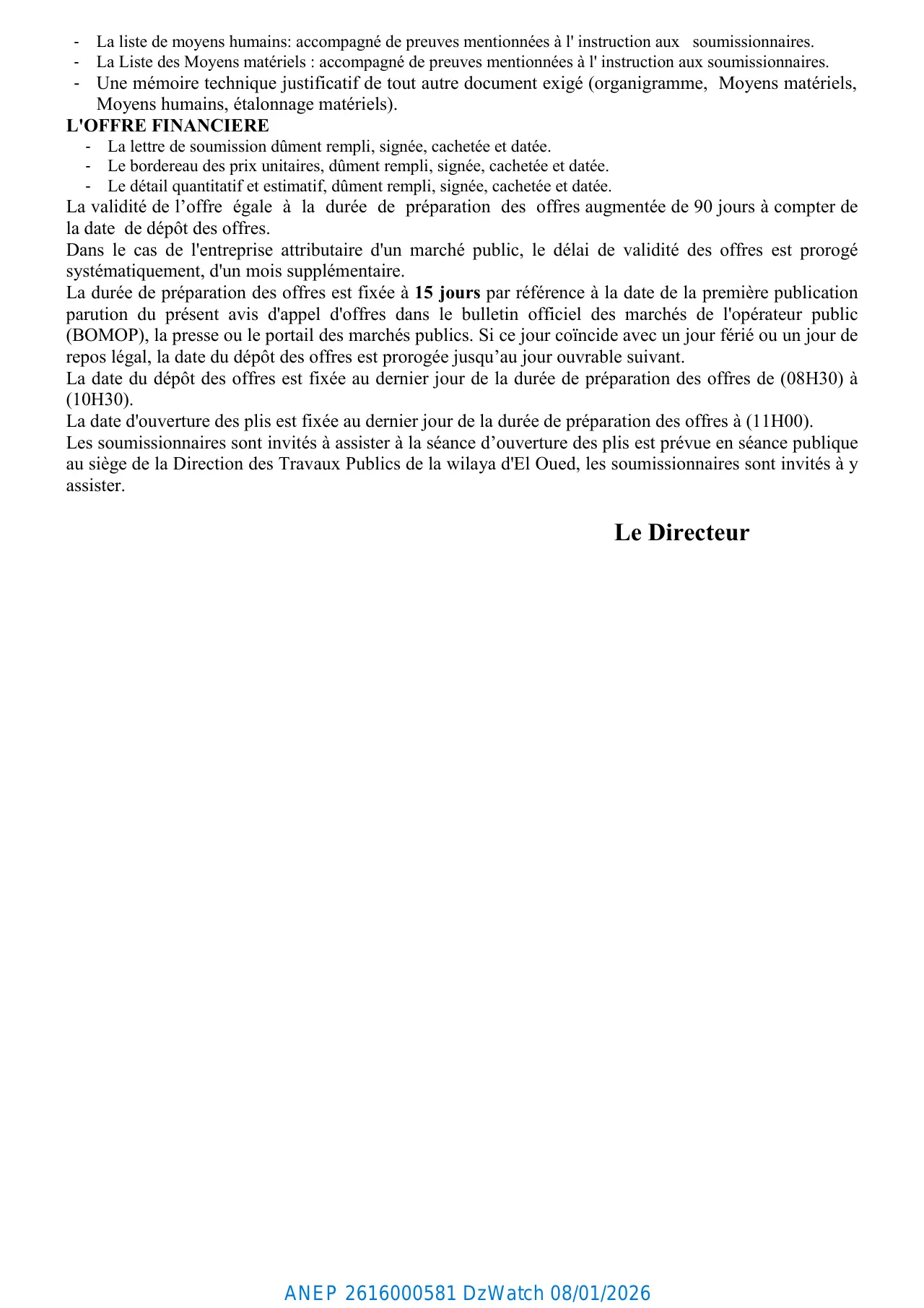 Annonce ANEP 2616000581 : AVIS D'OFFRES NATIONAL OUVERT AVEC EXIGENCE DE CAPACITES MINIMALES, DIRECTION DES TRAVAUX PUBLICS DE LA WILAYA DE EL OUED