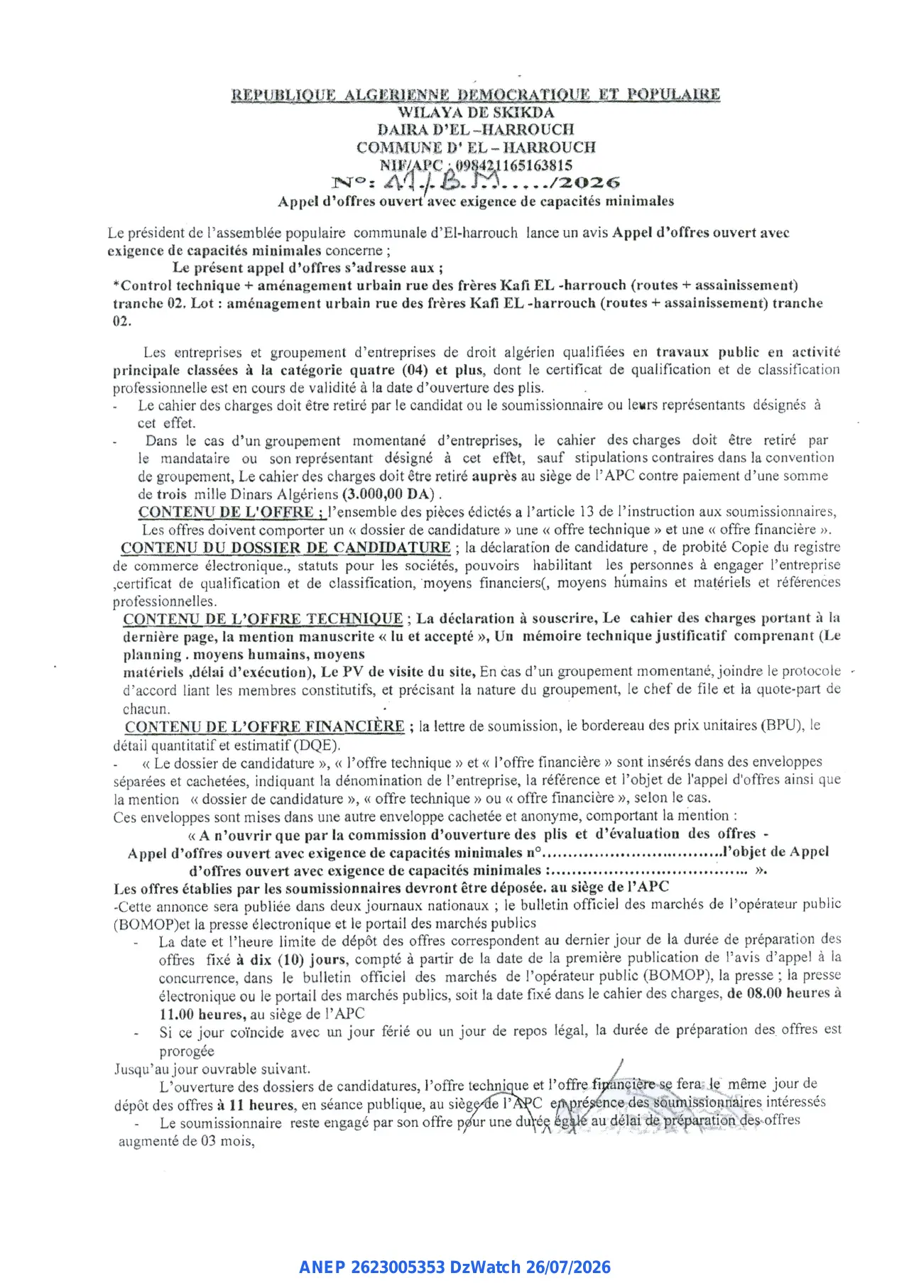 Annonce ANEP 2623005353 : Appel d'offres ouvert avec exigence de capacités minimales, COMMUNE D' EL - HARROUCH