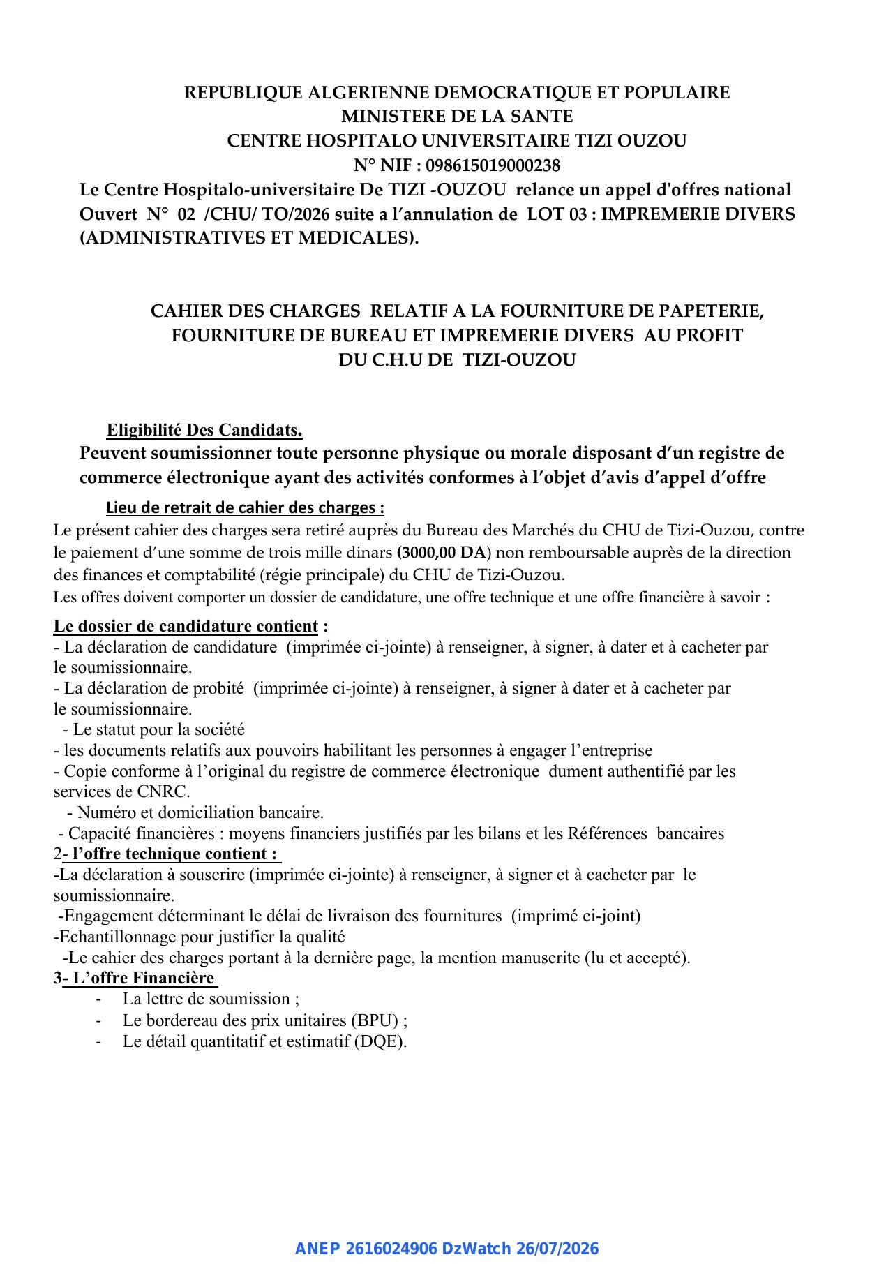 Annonce ANEP 2616024906 : appel d'offres national Ouvert, CENTRE HOSPITALO UNIVERSITAIRE TIZI OUZOU