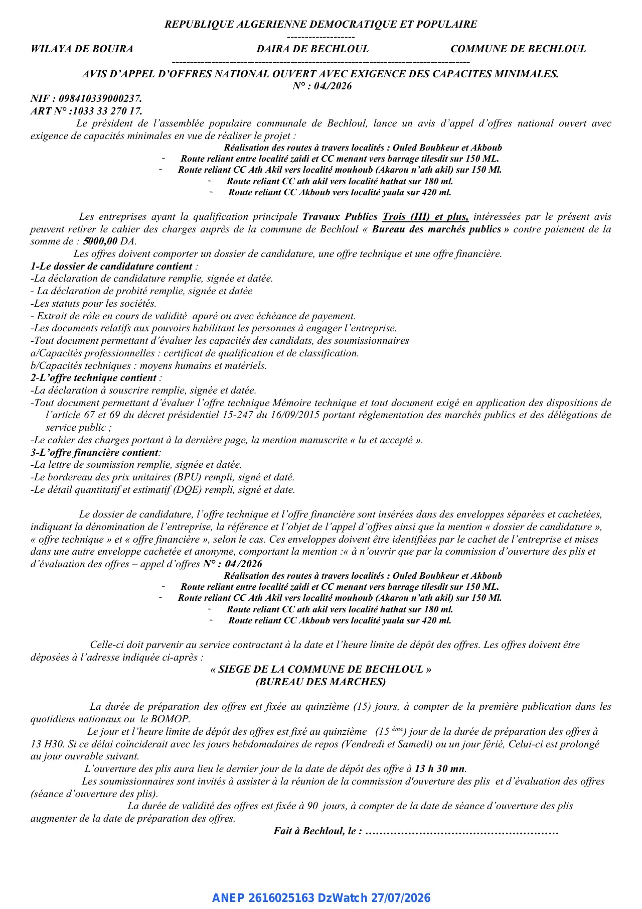 Annonce ANEP 2616025163 : AVIS D’APPEL D’OFFRES NATIONAL OUVERT AVEC EXIGENCE DES CAPACITES MINIMALES., COMMUNE DE BECHLOUL