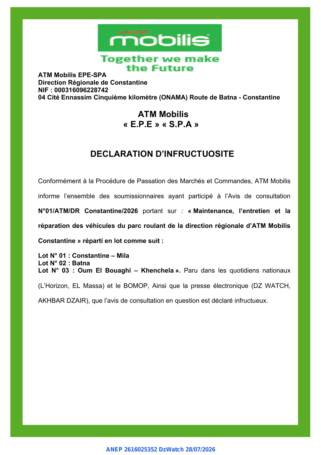 Annonce ANEP 2616025352 : DECLARATION D’INFRUCTUOSITE, ATM Mobilis