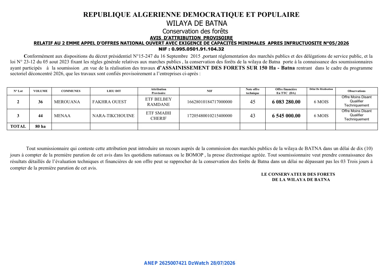 Annonce ANEP 2625007421 : AVIS D’ATTRIBUTION PROVISOIRE, Conservation des forêts BATNA