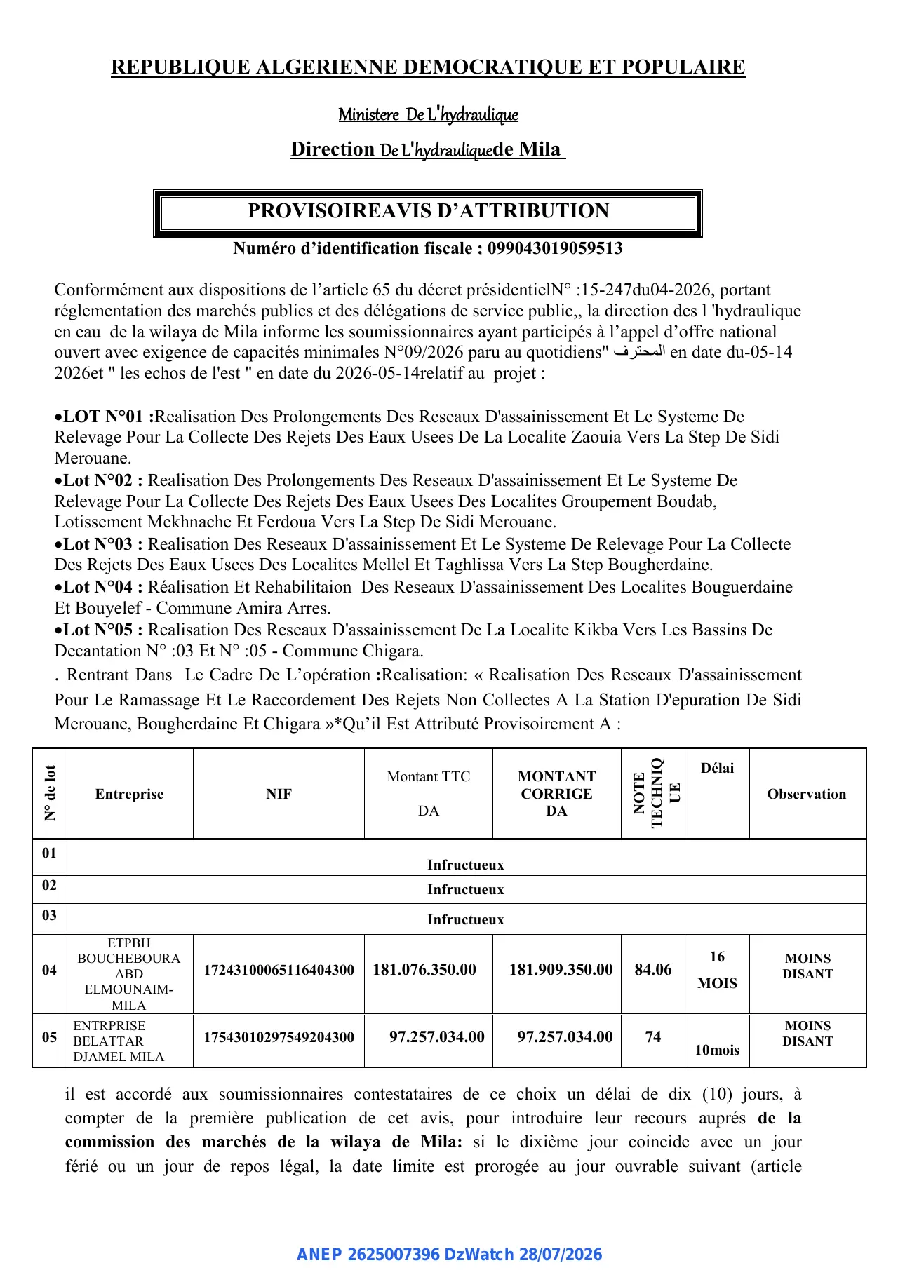 Annonce ANEP 2625007396 : PROVISOIREAVIS D’ATTRIBUTION, Direction De L'hydraulique de Mila