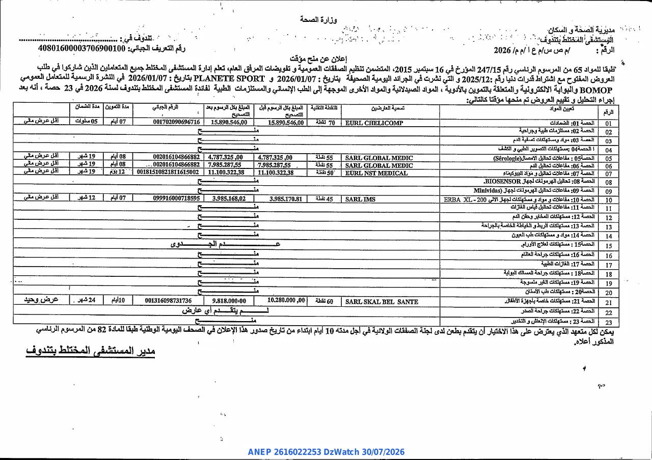 إعلان ANEP 2616022253: ⁨إعلان عن منح مؤقت⁩، ⁨المستشفى المختلط بتندوف⁩
