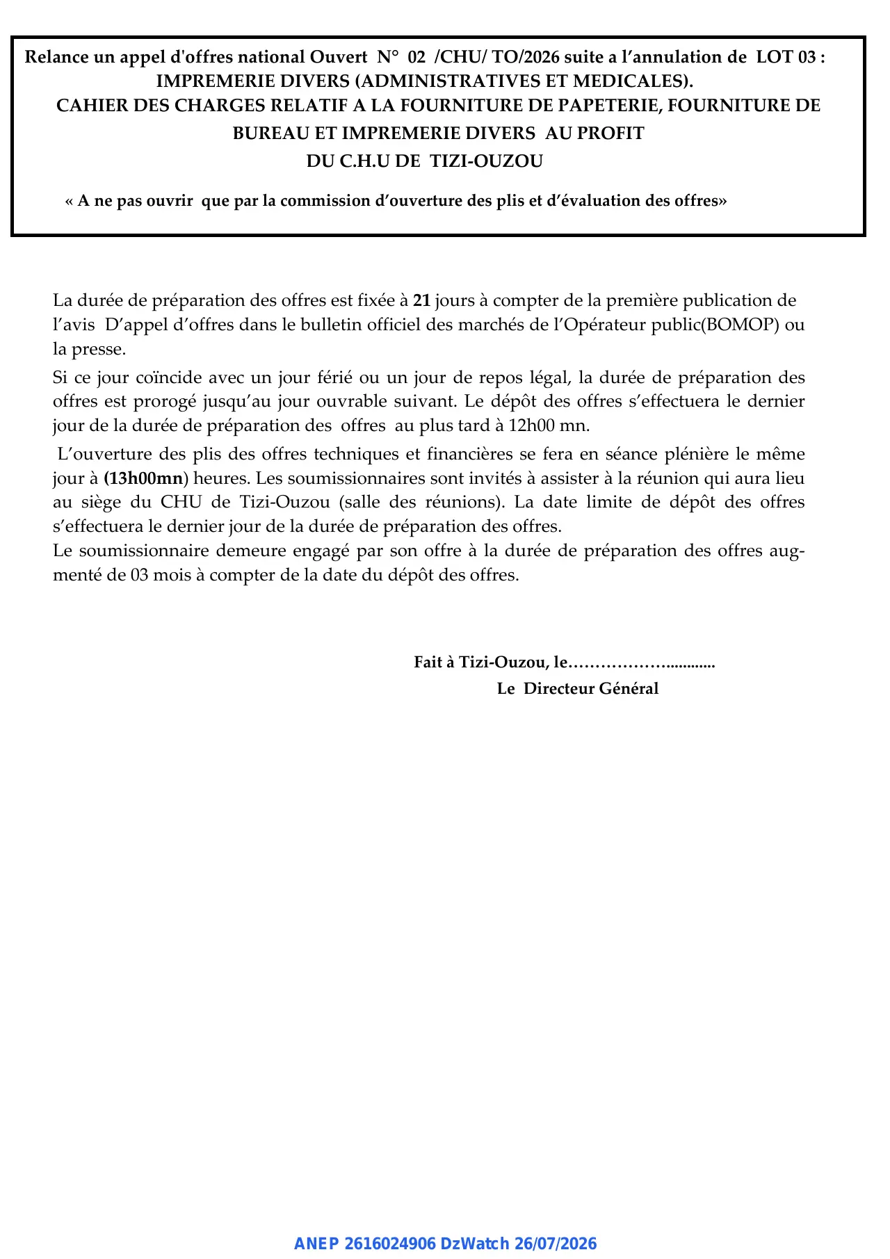 Annonce ANEP 2616024906 : appel d'offres national Ouvert, CENTRE HOSPITALO UNIVERSITAIRE TIZI OUZOU
