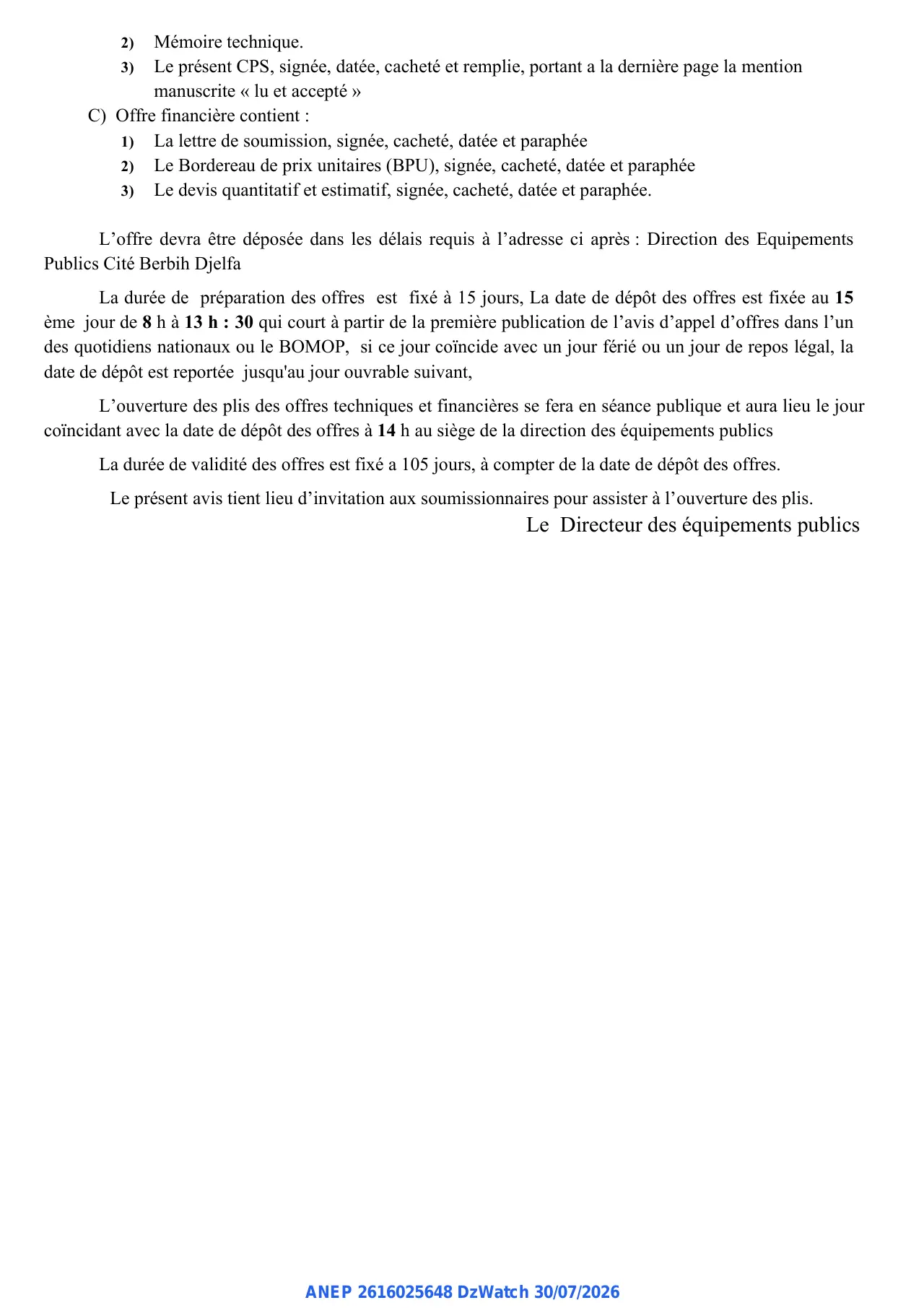 Annonce ANEP 2616025648 : AVIS D’APPEL D’OFFRES OUVERT AVEC EXIGENCES DE CAPACITES MINIMALES, DIRECTION DES EQUIPEMENTS PUBLICS DJELFA