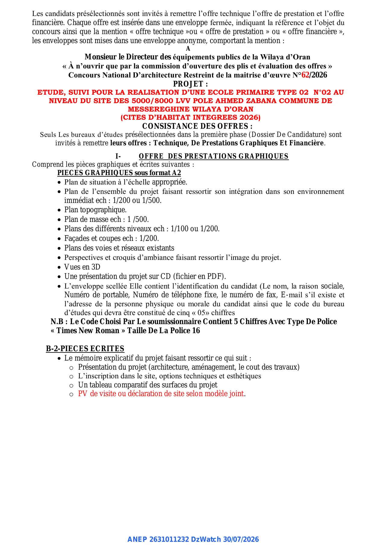 Annonce ANEP 2631011232 : 2éme AVIS DE PRESELECTION, DIRECTION DES EQUIPEMENTS PUBLICS DE LA WILAYA D’ORAN