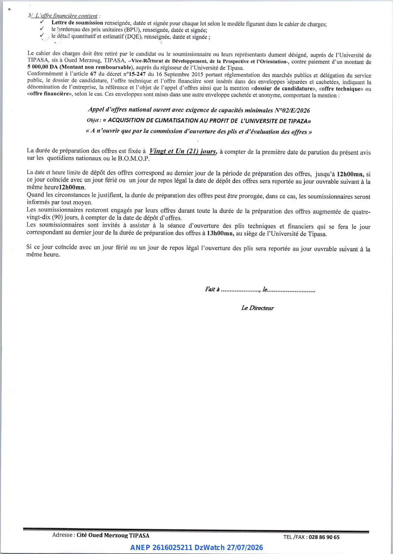 Annonce ANEP 2616025211 : AVIS D'APPEL D'OFFRES NATIONAL OUVERT AVEC EXIGENCE DE CAPACITES MINIMALES, UNIVERSITÉ DE TIPASA