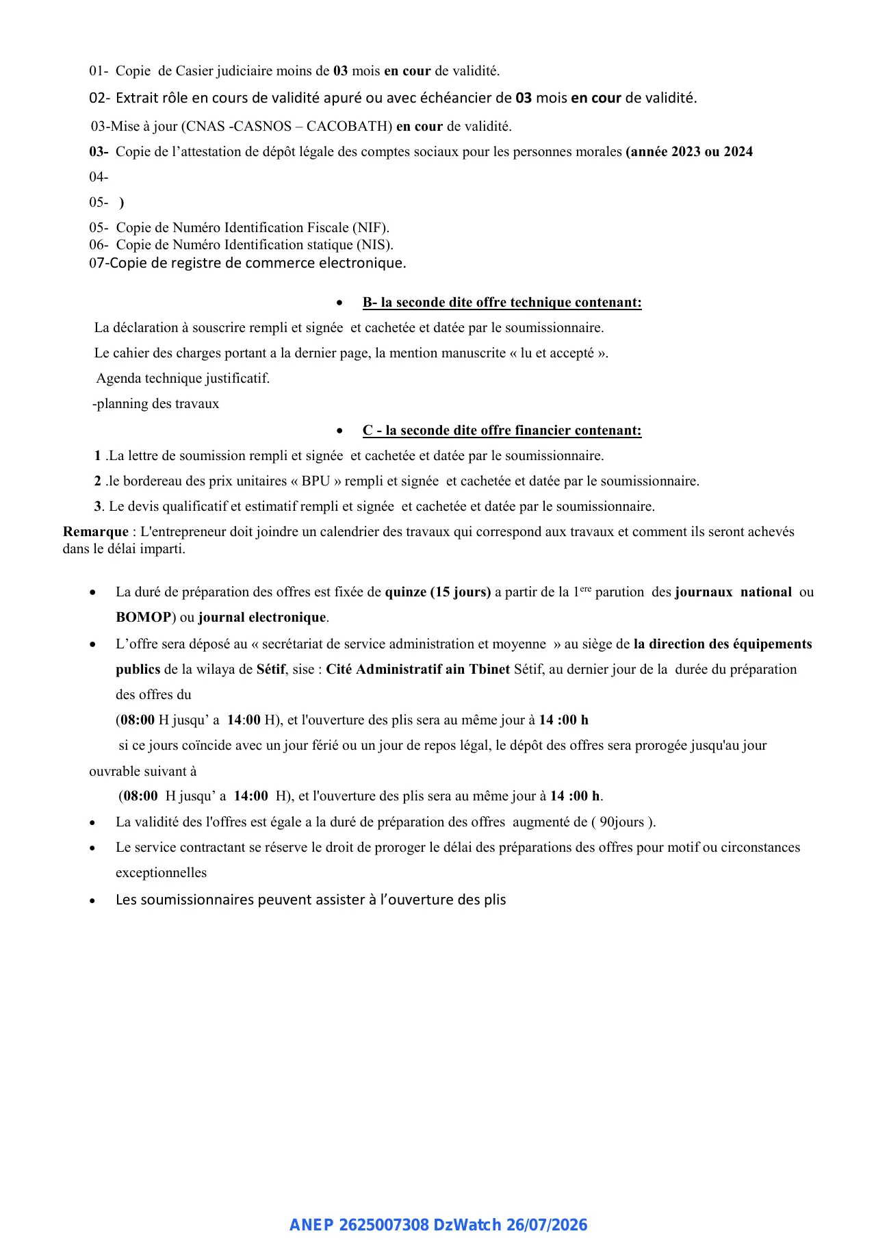 Annonce ANEP 2625007308 : AVIS D’APPEL D’OFFRE NATIONAL OUVERT AVEC EXIGENCE DES CAPACITES MINIMALES, DIRECTION DES EQUIPEMENTS PUBLICS SETIF